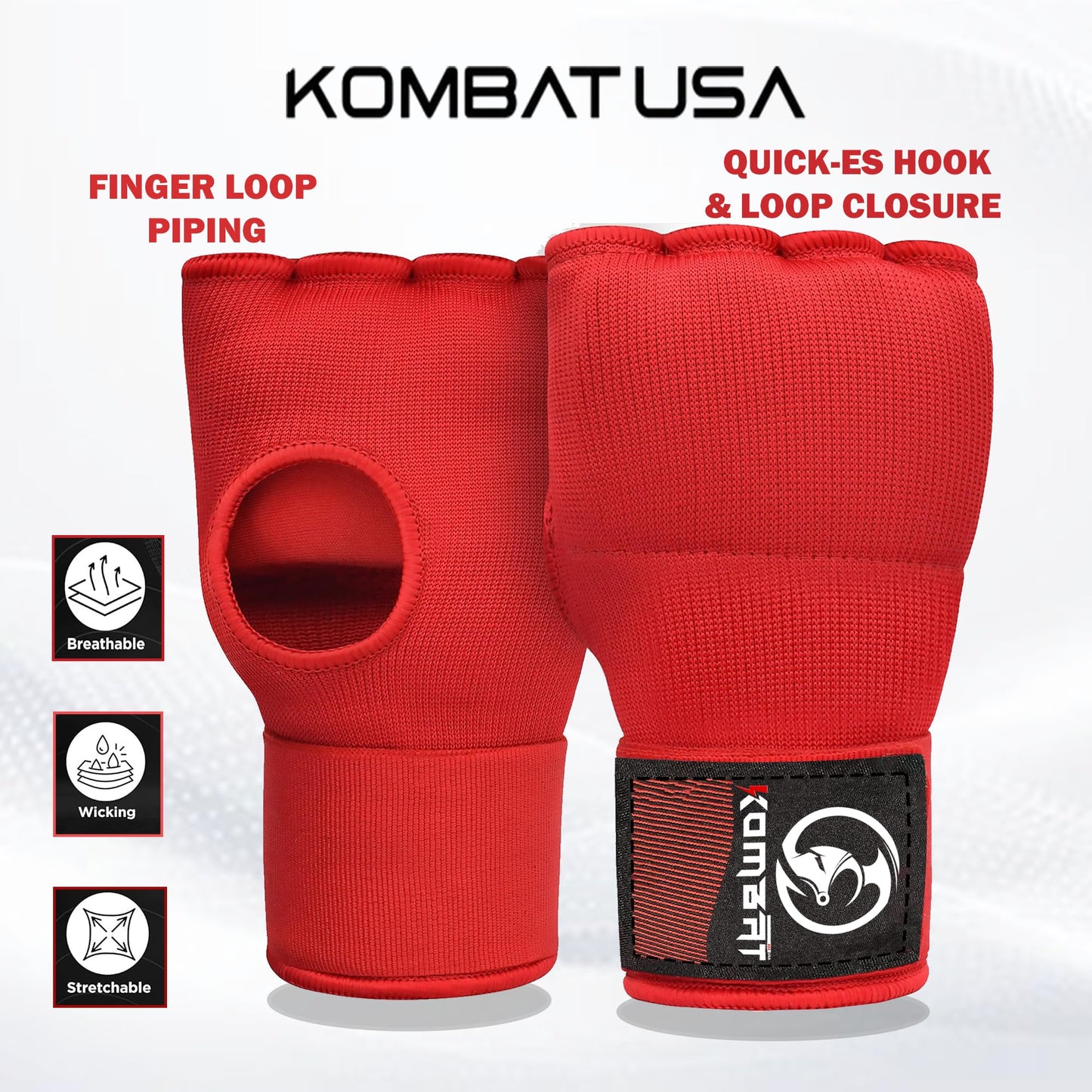 Kombat Gel Boxing Hand Wraps, Padded Inner Gloves for Men & Women, 75cm Quick Wrist Wraps, Knuckle & Wrist Protection for Muay Thai, MMA, Kickboxing, Martial Arts, Punching Training (Red, X-Large)