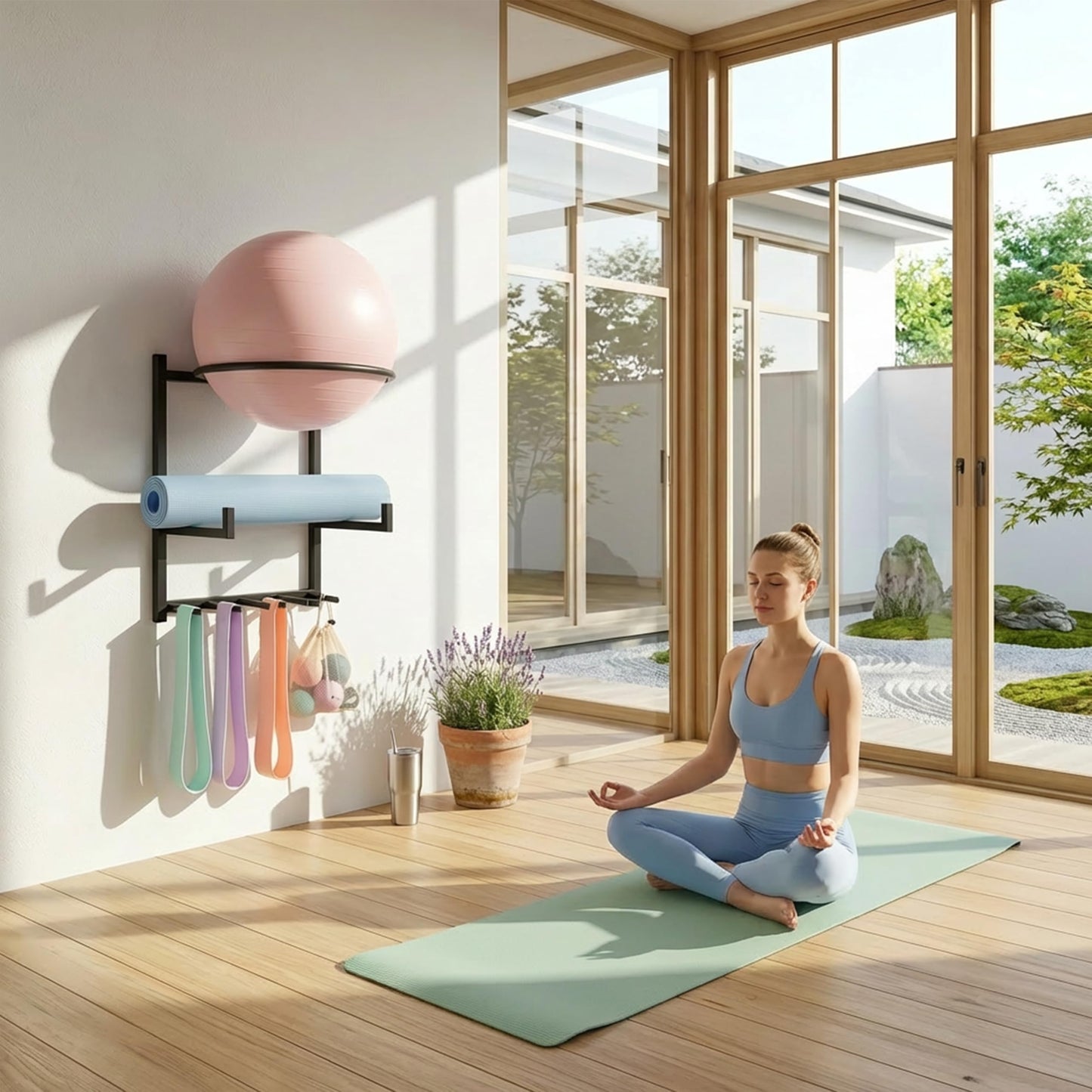 YPDiXDi Wall Mounted Yoga Ball and Mat Holder, Space-Saving Home Gym Organizer and Storage Rack Fits 55-75cm Stability Ball with 5 Hooks for Resistance Bands and Equipment