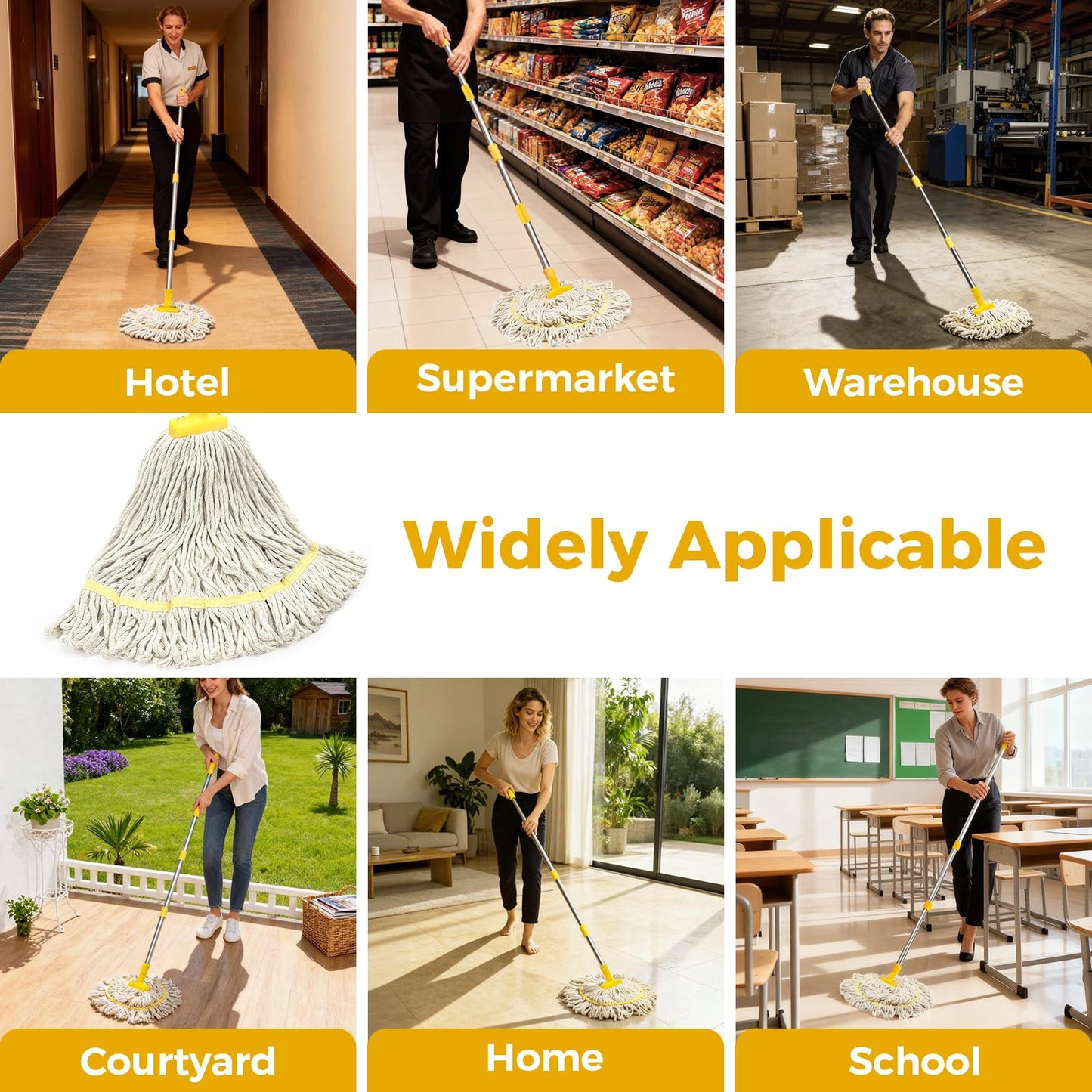 Indoor Mop with Strings for Floor Cleaning, Cotton Mops with 59” Long Handle Household String Mop for Hardwood Wood Tile Floors Cleaning,1 Mop Handle & 1 Cotton Mop Head