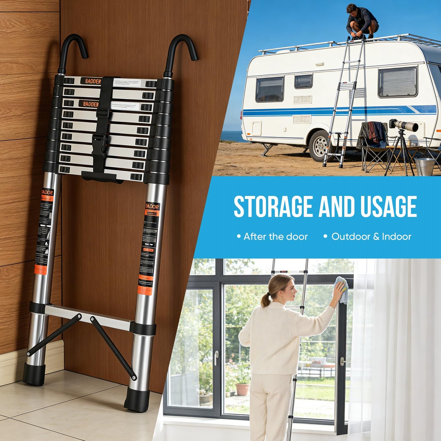 Telescoping Ladder, 16.5 FT Extension Ladder w/Hooks, Heavy Duty 330lbs Max Capacity, Telescopic Ladder with Hooks for RV or Outdoor Work