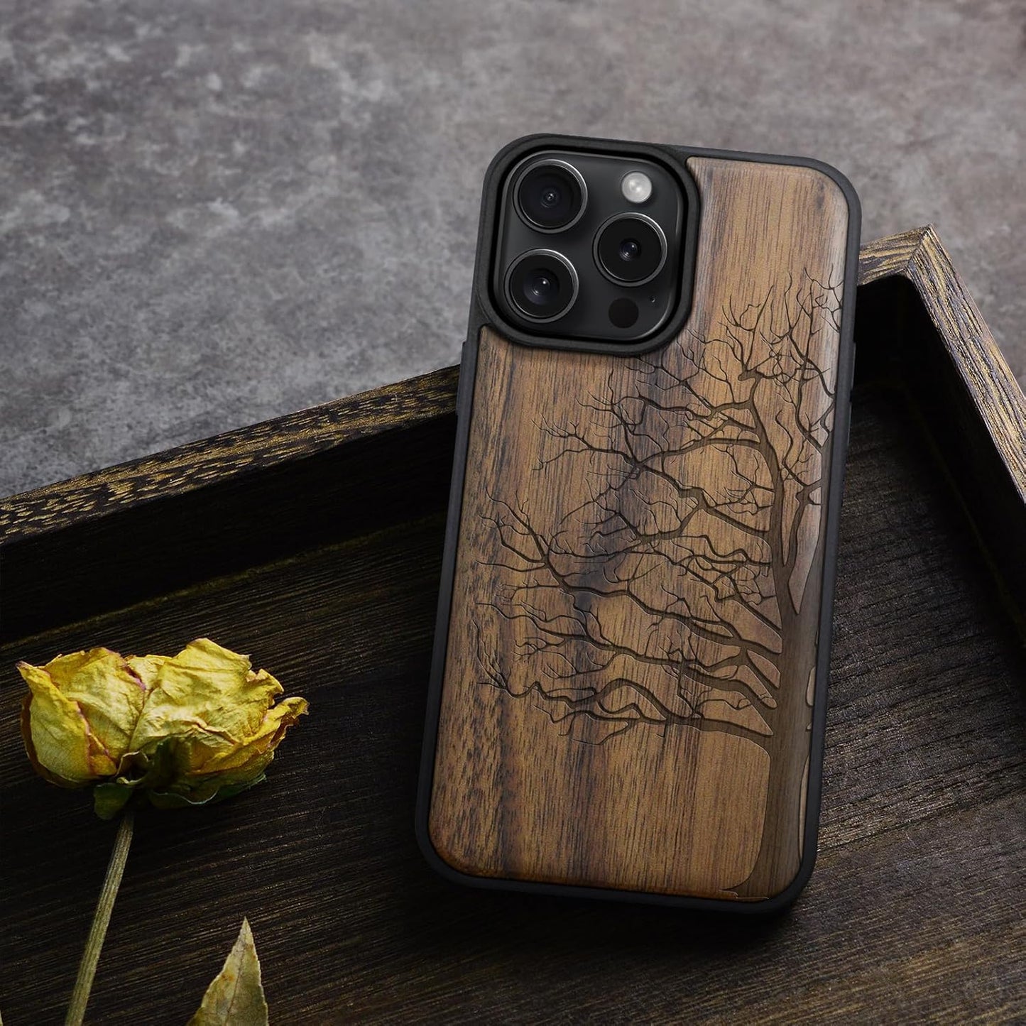 Carveit 16 Magnetic Wooden Case for iPhone Pro Case, Wood Artisan Engraved & Black Soft TPU Shockproof Cover