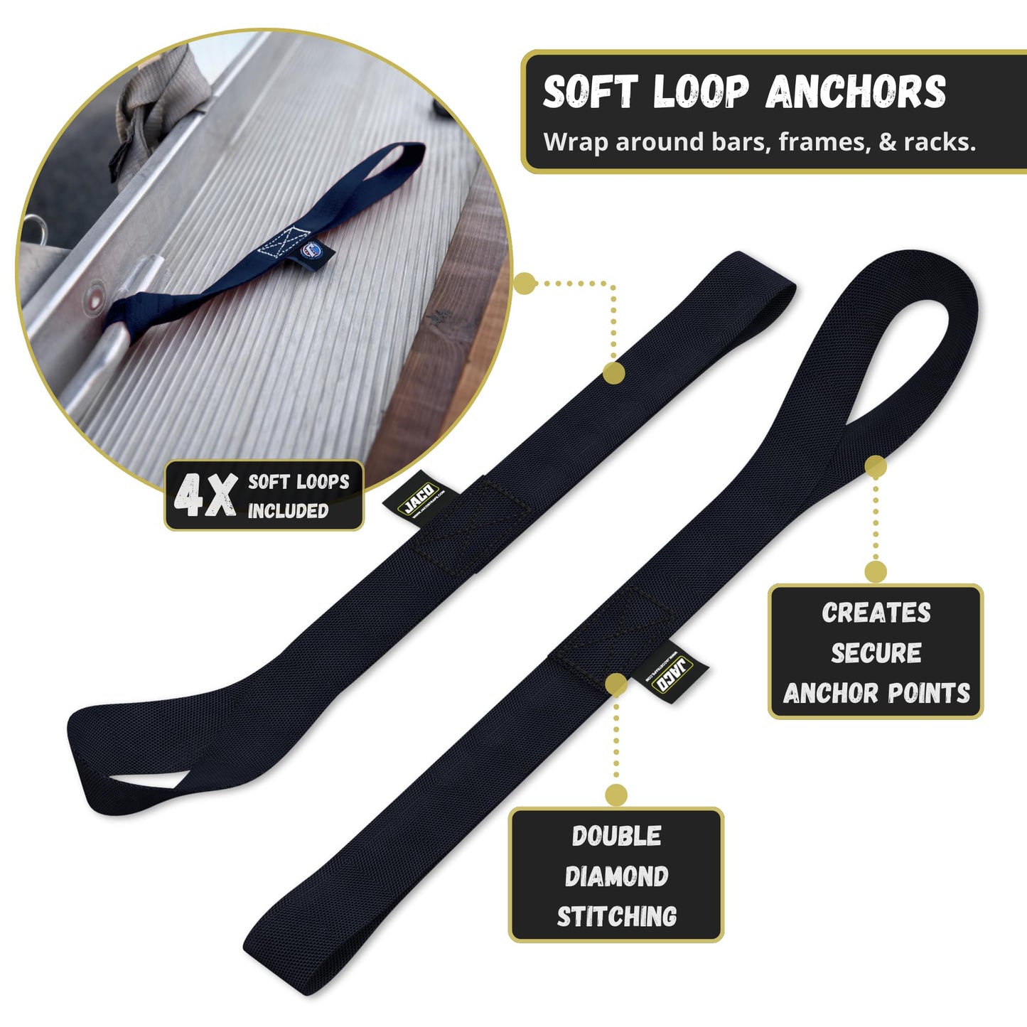 JACO Retractable Ratchet Straps - 1 in x 15 ft (4-Pack) (1,760lbs Break Strength) | Auto Self Retracting Cargo Tie Down Strap Set (Black)