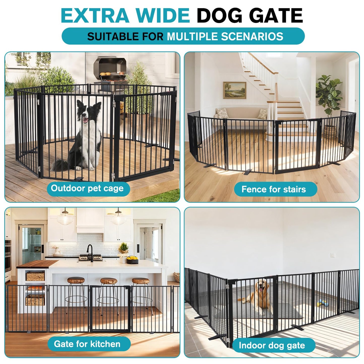 Snagle Paw Extra Wide Dog Gate,Free Standing Dog Fence with Door, Up to 208 Inch Wide Pet Gate with Support Feet for Stairs, Hallways, Doorways, Yard (Black, 8 Panels)