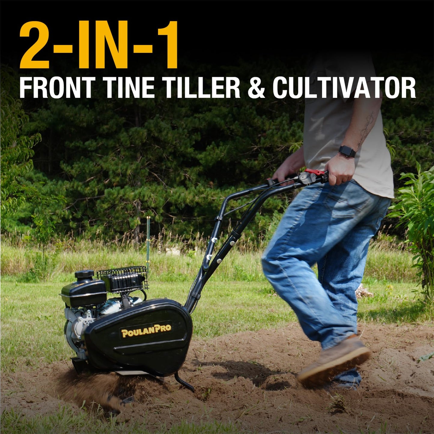 Poulan Pro 2 in 1 Gas Tiller, Front Tine Tiller Cultivator with 79 cc 4-Cycle Gas Engine, 9''-17'' Tilling Width Adjustable, Garden Tilller with Forged Steel Tines, Integrated Transport Wheels