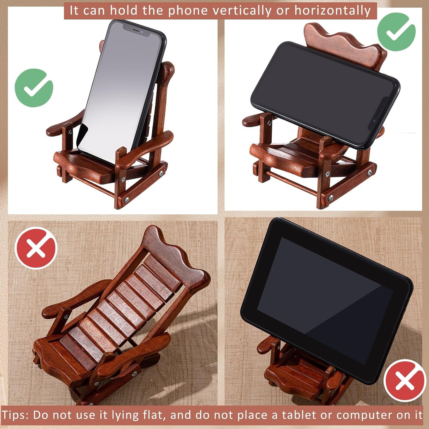 2 Kingdder Pcs Christmas Wood Cell Phone Stand Gifts Folding Chair Wooden Phone Holder Adjustable Office Cellphone