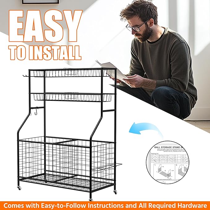 Ultrawall Sports Equipment Organizer, Large Capacity Garage Ball Storage Outdoor Toy Organizer, Ball Cart with Wheels for Football, Basketball