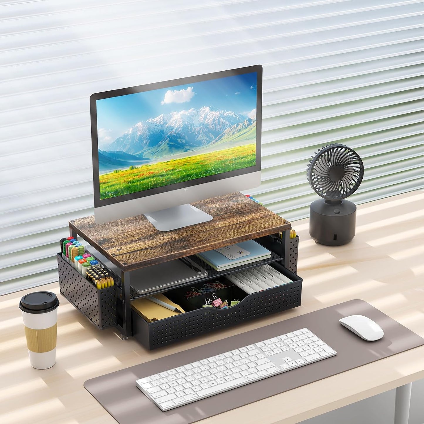2-Tier gianotter Wood Monitor Stand Riser, Office Desk Shelf Organizer, Desk Organizer with Drawer and Pen Holder