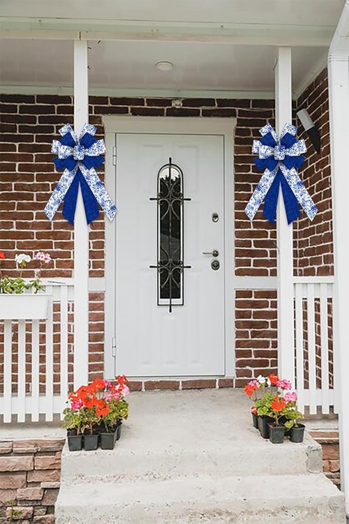 Chinoiserie Blue Bow by Large Spring - Wired Burlap Wreath Accent for Indoor/Outdoor Decor | 11.42x20.87 Inch