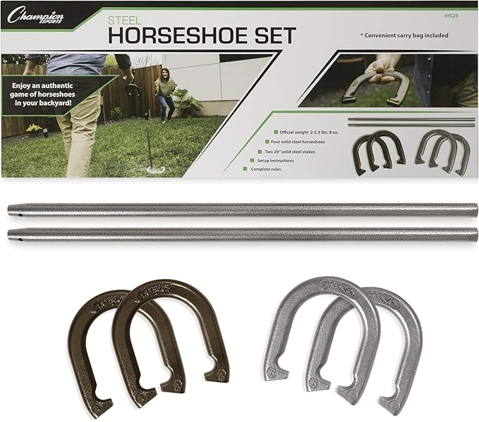 Champion Sports Horseshoe Set: Traditional Outdoor Lawn Game includes Four Professional Solid Steel Horseshoes with Solid Steel Stakes & Carrying Storage Case