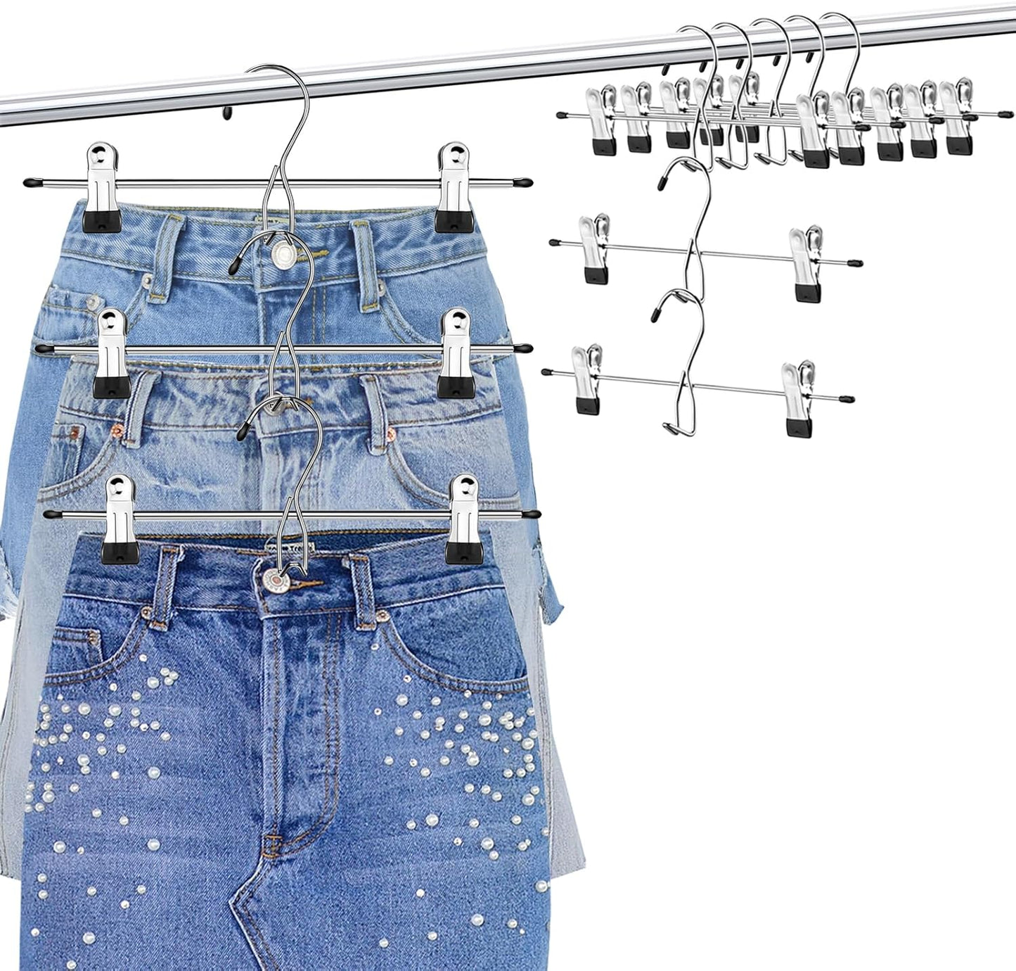 Skiennix Pants Hangers with Clips - 10 Pack Stackable Skirt Hangers for Space-Saving Closet Organization