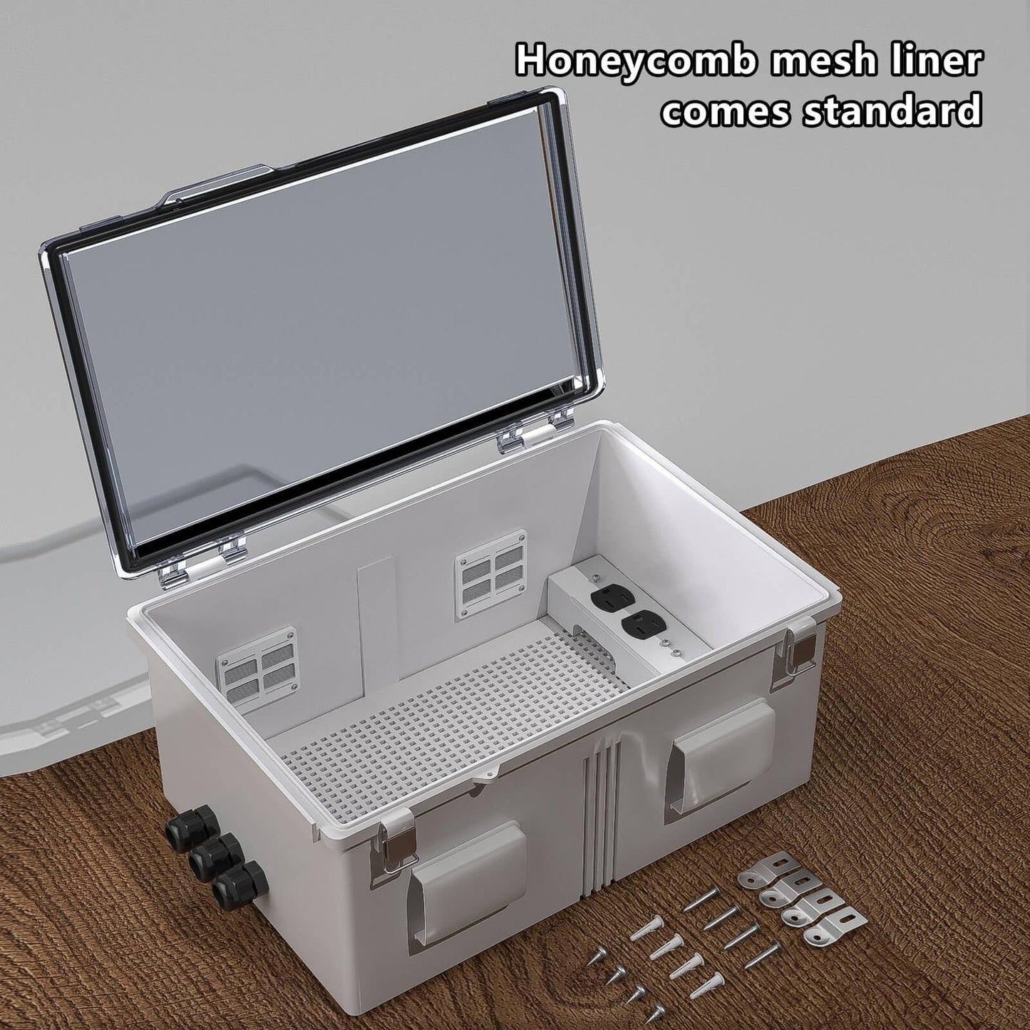 Waterproof ABS Enclosure Cabinet Junction Box, Ventilated Design, Indoor/Outdoor Use, with Mounting Panel, High Power Outlets. (Clear Cover, 19.7"x15.7"x7.9")