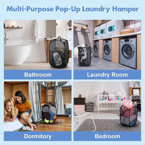 DUCOO 70L Collapsible Laundry Hamper - Foldable Mesh Basket with Side Pocket & Sturdy Handles | Black
