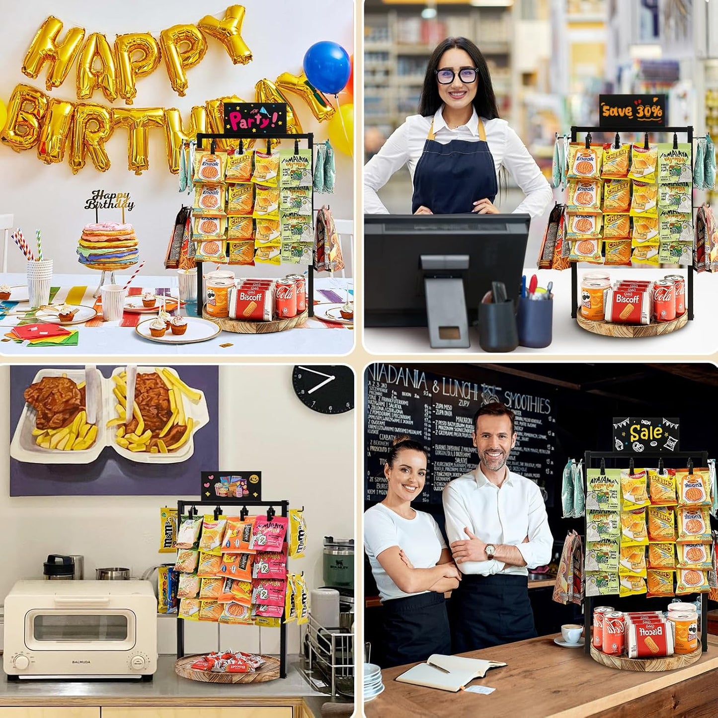 Poyilooo Snack Bar Organizer - 4-Tier 360° Rotating Chip Rack Display Stand | Black Candy Display for Kitchen & Retail