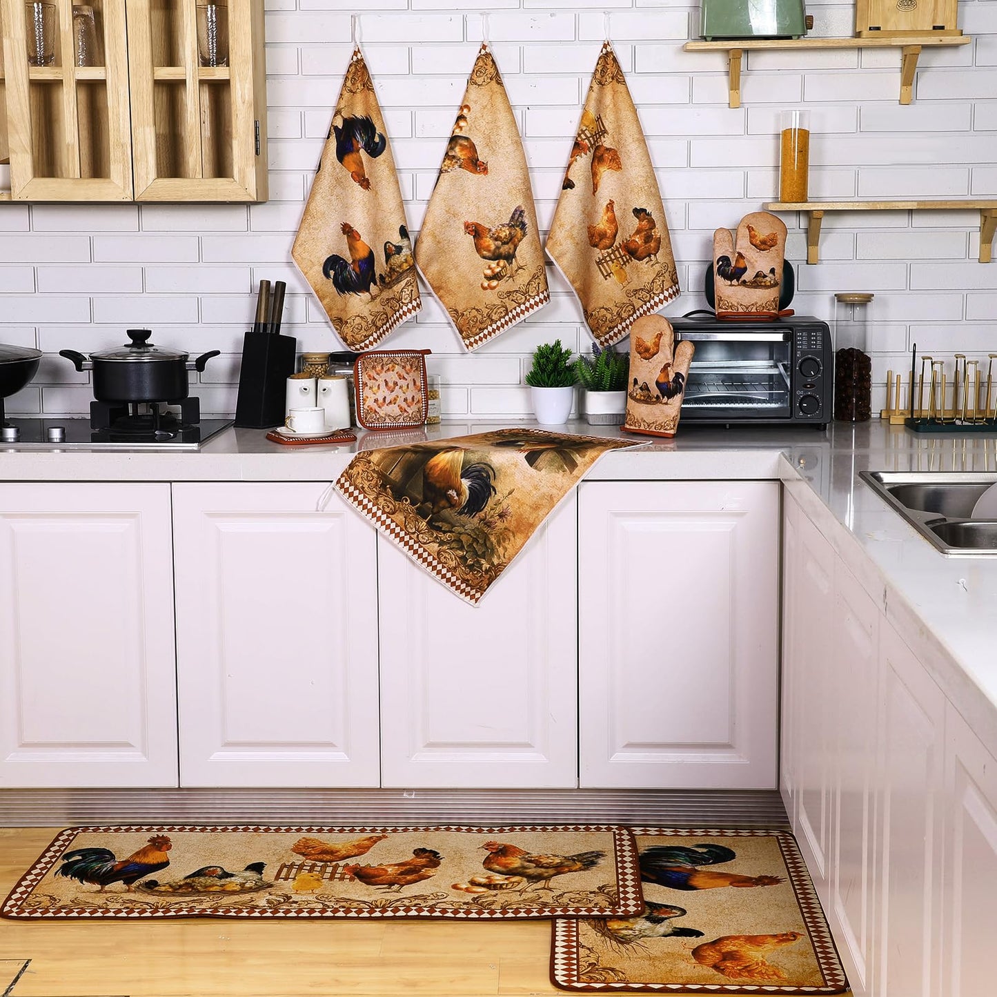 Fourluoo 10 Pcs Rooster Chicken Kitchen Dish Towels Rugs Oven Mitts and Pot Holders Sets Farmhouse Rustic Rooster Kitchen Decor Set for Cooking Baking Grilling Women Mom Gift(Brown)