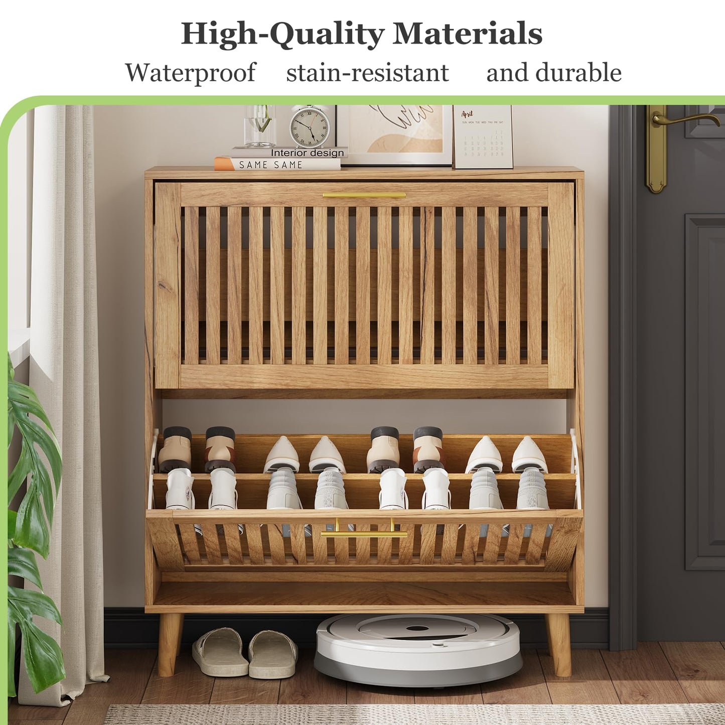 Shoe Storage Cabinet with Louvered 2 Flip Drawers, Narrow Shoe Cabinet Storage for Entryway, Freestanding Shoe Organizer Cabinet with Golden Handles, Slim Shoe Rack Cabinet 31.5in(Natural Wood)