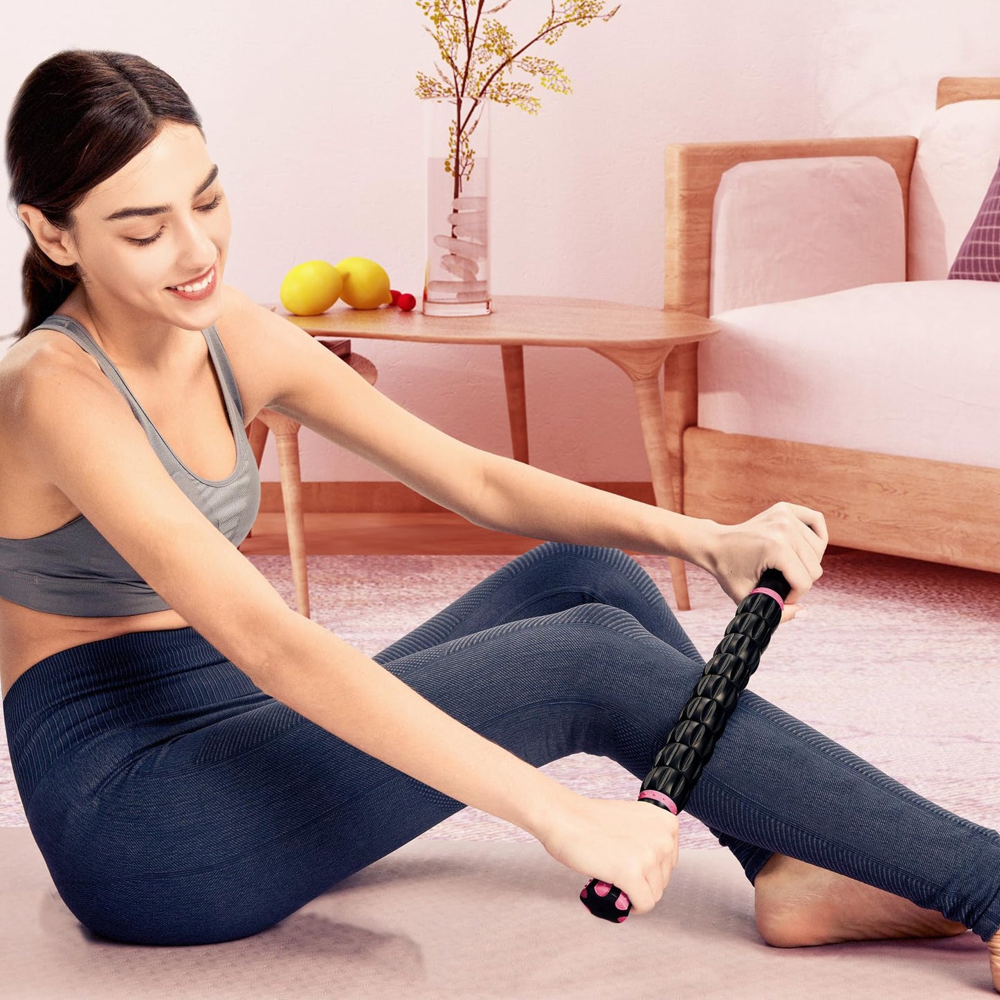 YANSYI Professional 9-Roller Deep Tissue Massage Stick - Portable Muscle Recovery Roller for Athletes, Relieves Post-Workout Soreness & Leg/Back Pain - Portable Physio Tool (Pink)