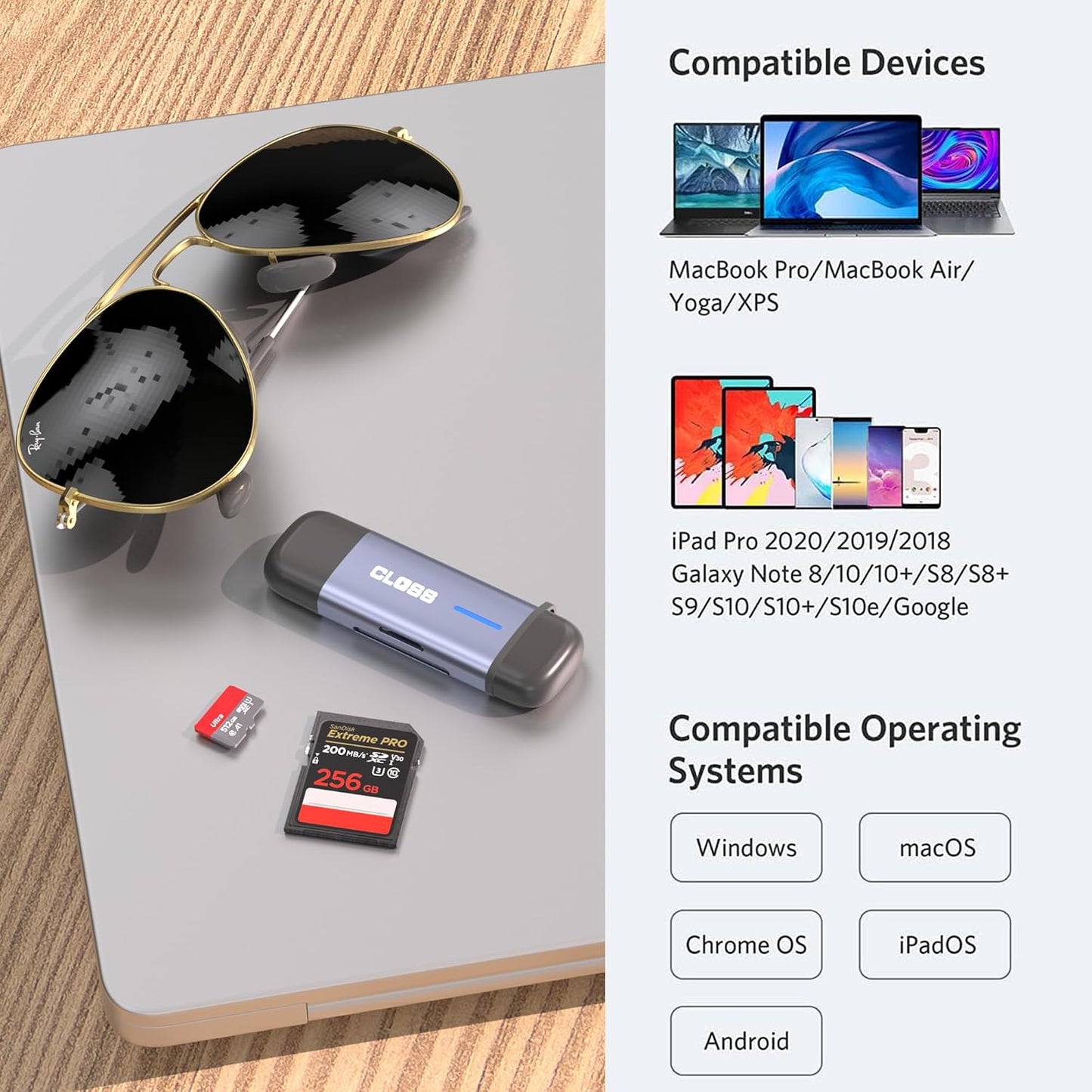 Closs 3.0 5Gbps 2-in-1 SD/SDHC/SDXC/MMC/UHS-I, 16/15, USB SD Card Reader, Type-C & USB-A Dual Slot Memory Card Reader