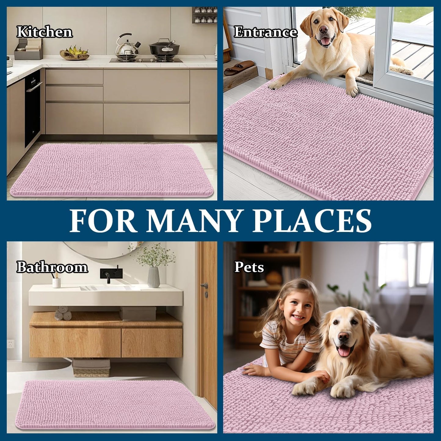 OLANLY Dog Door Mat - Absorbent Non-Slip Chenille Mat for Muddy Paws | 47x24, Quick Dry, Dusty Rose