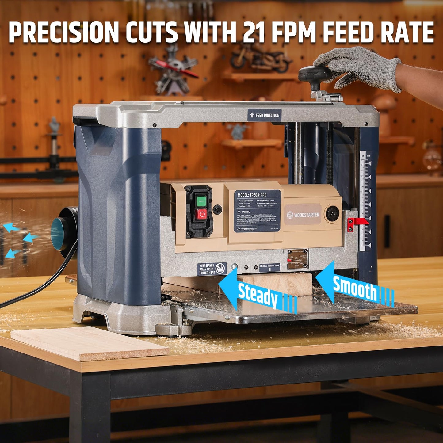 WOODSTARTER 13-Inch Benchtop Wood Planer, 10,000 RPM with 3 HSS Blades, 21 ft/min Feed Rate, Adjustable Planing Height 1/4" to 6-1/4", Multi-Size Dust Port, Overload Protection for Woodworking