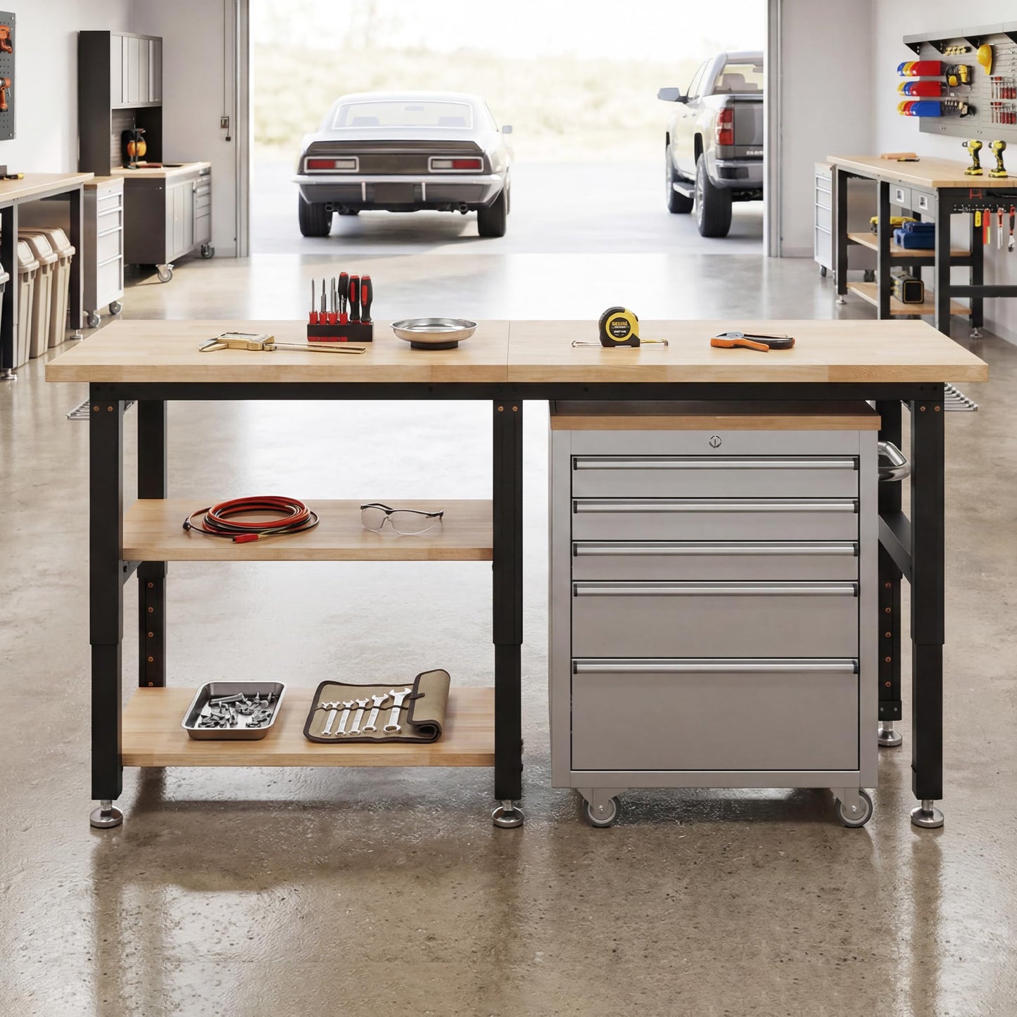 SPECRAFT 48"x20" 2-Tier Adjustable Workbench with 4 AC Outlet and 2 USB Ports Power Outlets, 2500 Lbs Capacity Heavy Duty Workbench, Rubber Wood Top for Garage, Workshop, Office