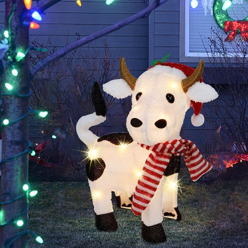 Lulu Home 21" H Christmas Yard Decoration, 3D Pre-lit Cow with 35 Warm White Lights, Light Up Diary Cattle Wearing Scarf & Santa Hat for Xmas Indoor Outdoor Holiday Lighted Display