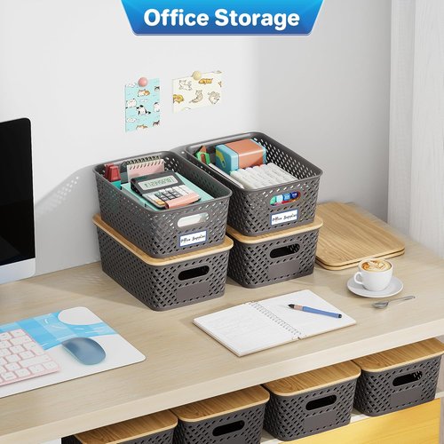 Anysig Plastic Storage Bins - 8 Pack Stackable Baskets with Bamboo Lids for Organizing | Grey