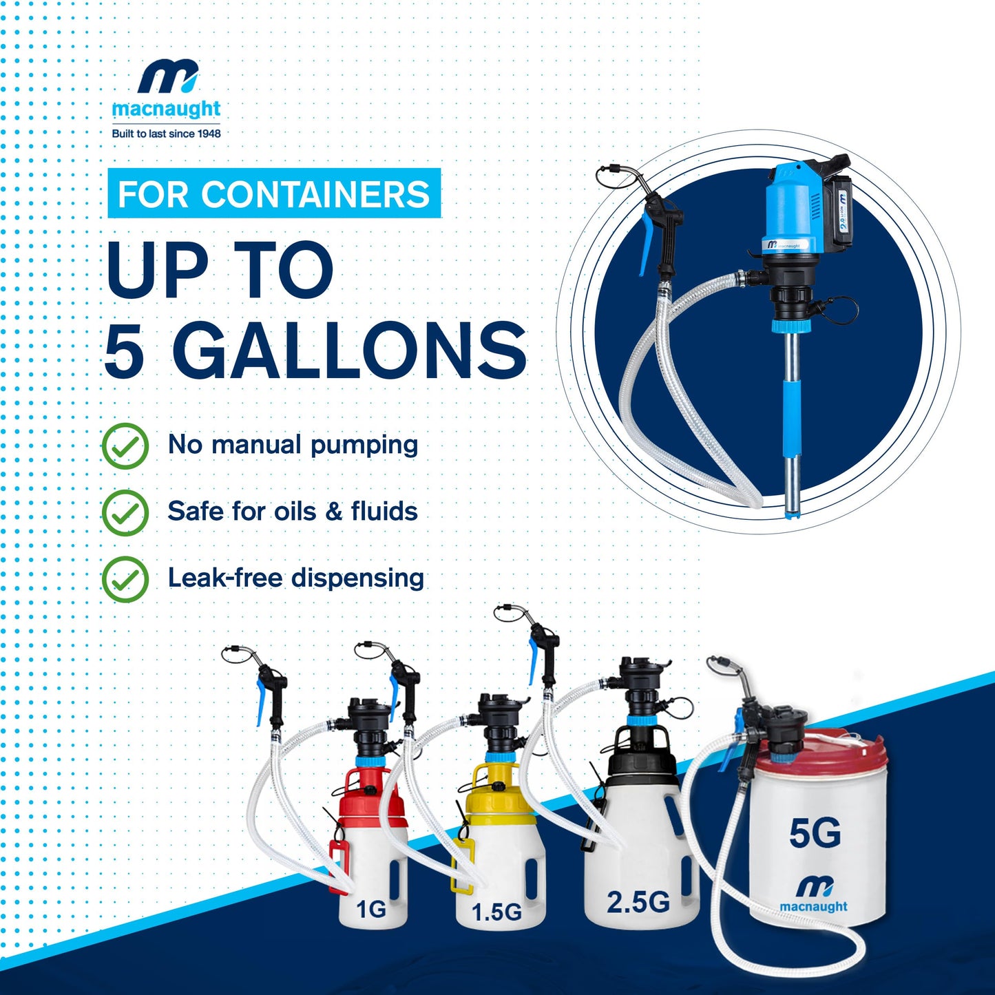 Macnaught BOP20 Battery Powered 5 Gallon Bucket Oil Transfer Pump kit. Everything Needed to Pump Oil, ATF or Coolants.
