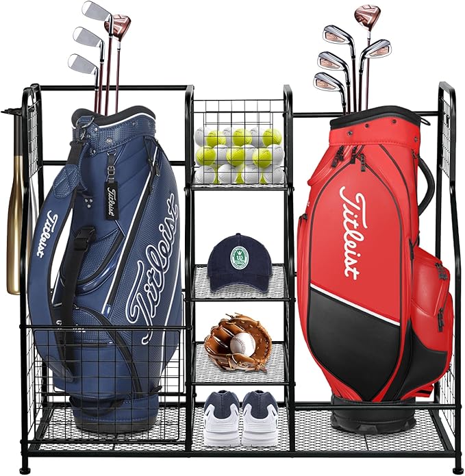 Garage Sports Equipment Organizer & Outdoor Toy Storage, Ball Storage Golf Organizer For Garage with Baskets, 5 Hooks