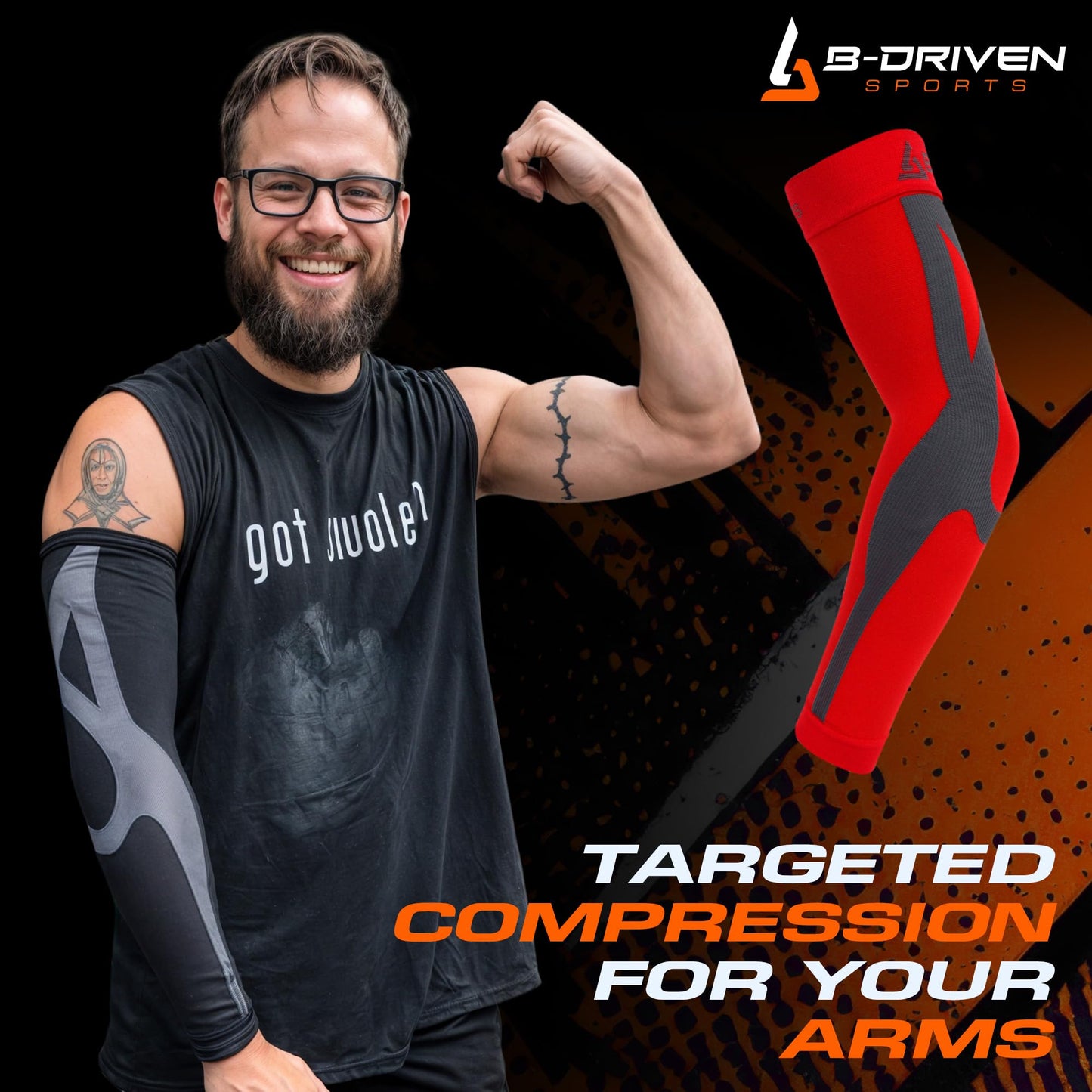 B-Driven Sports Enhanced Compression Sleeves - Arm Sleeves for Men & Women with Medical Grade Compression 20-30 mmHg for Basketball, Baseball, Football, Volleyball, Weightlifting, Golf, Running - Pair