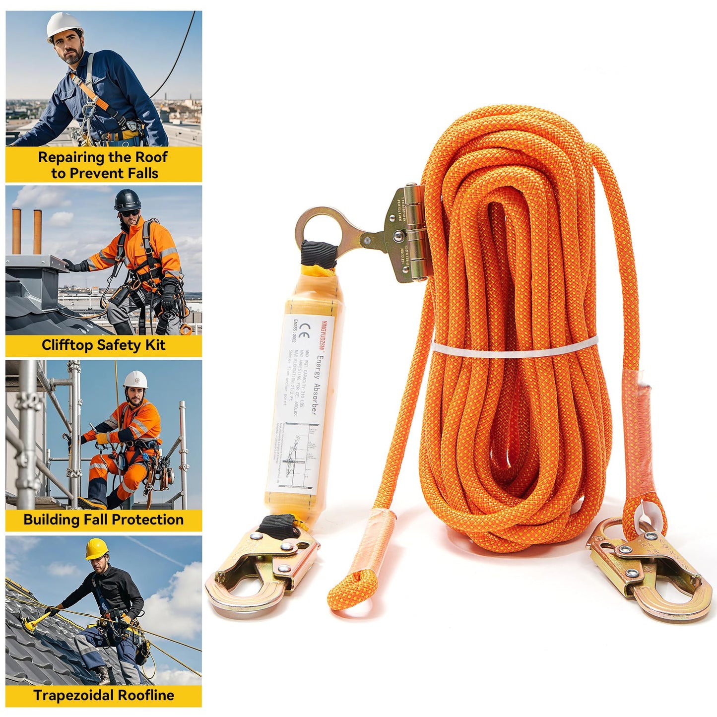 WXYSYHR Fall Protection Safety Rope 50FT Roofing Harness Safety Lanyard Tree Climbing Line Kit with Alloy Steel Grab Snap Hooks Shock Absorber Heavy Duty Roof Safety Equipment ANSI CE