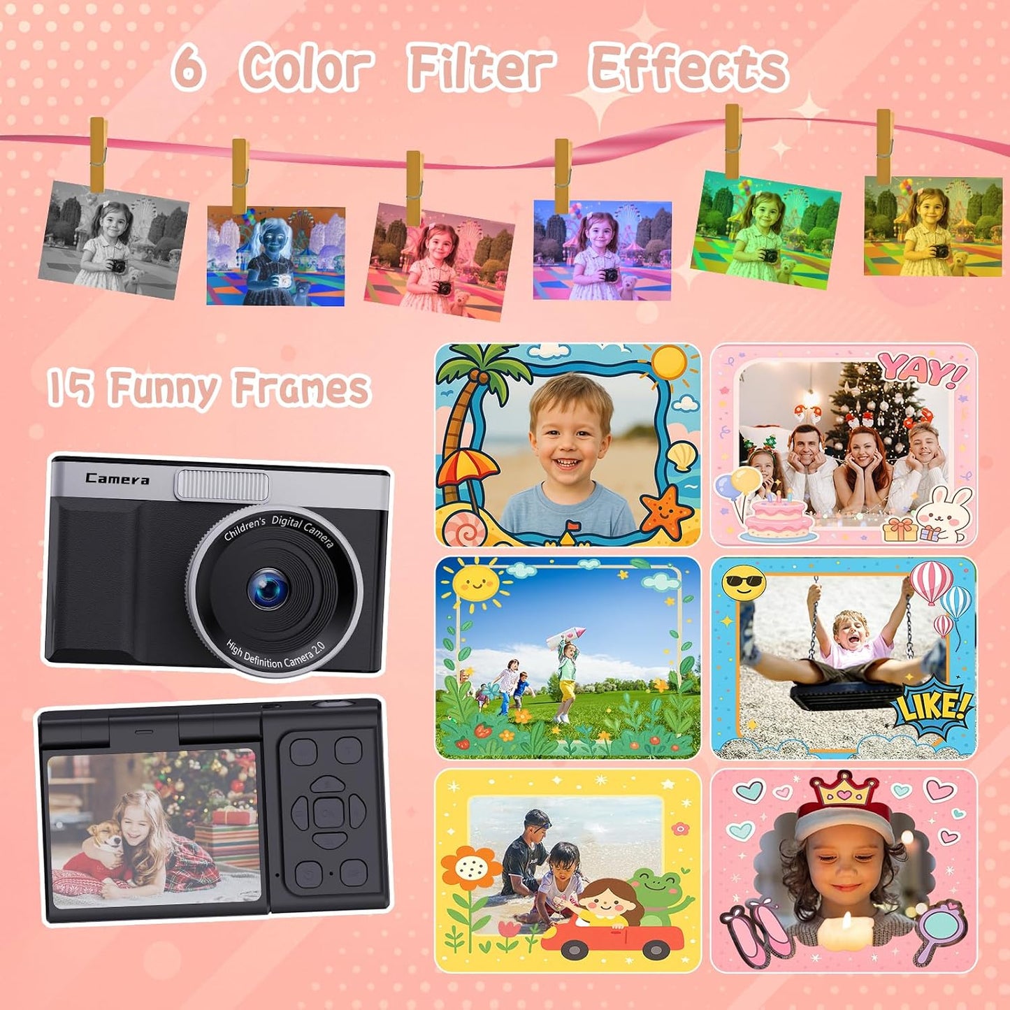 fceoul 1080P 5MP 180 32GB Kids Camera, Digital Camera for Kids with Flip Screen & SD Card, Retro Toddler Toy Camera