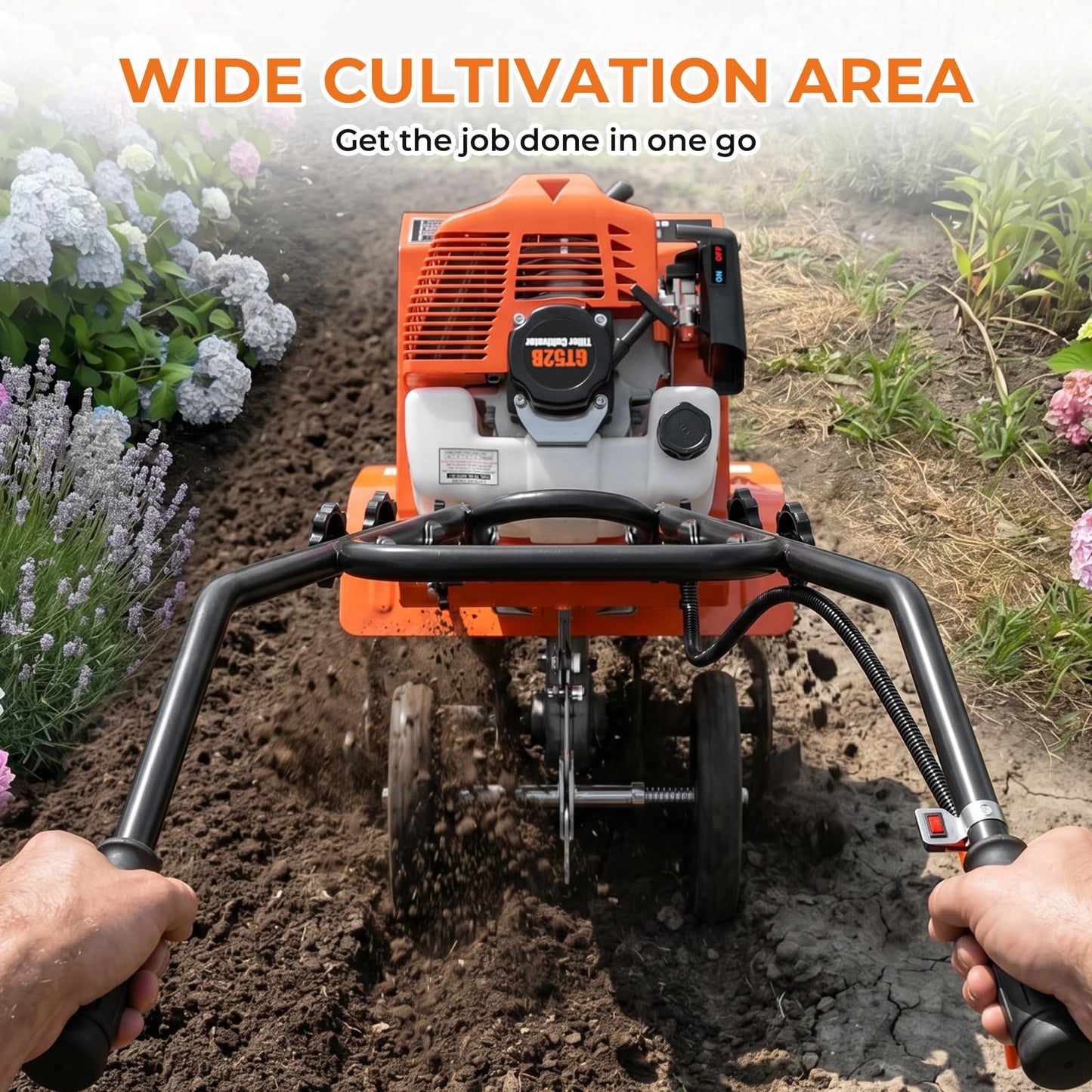72CC Gas Tiller Cultivator,2 Stroke Gasoline Powered Rototiller,1.5KW 7500RPM,10in Working Width 5in Working Depth, Heavy Duty Garden Tiller for Lawn Yard Soil Cultivation (Orange)