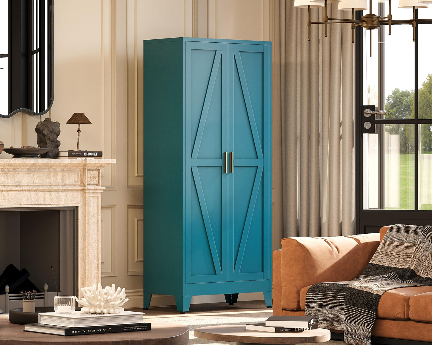 QPRVPTOW 71" H Metal Garage Storage Cabinets,Broom Closet Storage Cabinet,Utility Cabinet,Blue Storage Cabinets