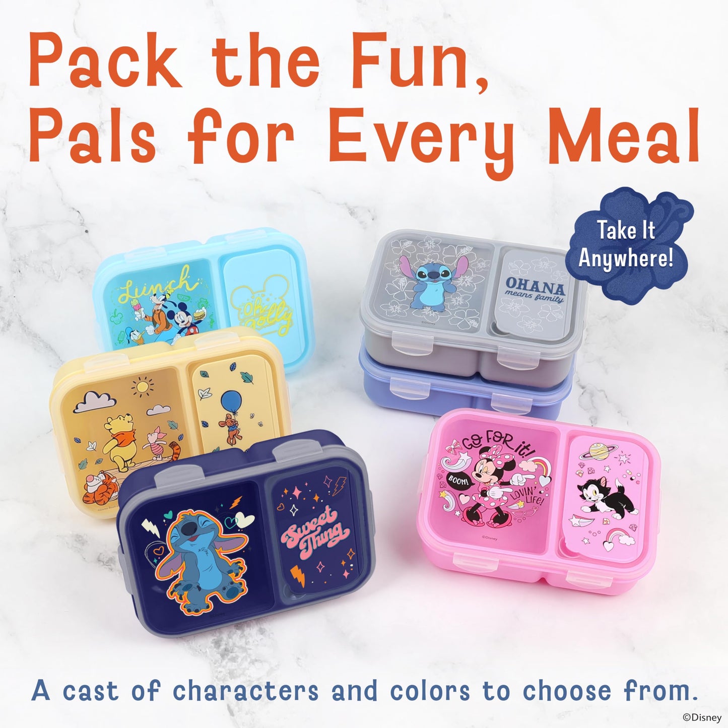 Best Brands Disney Bento Box– Leak-Proof Kids Lunch Box with Divided Compartments & Detachable Spork - Mickey & Minnie, Stitch, & Winnie the Pooh BPA Free Bento Box