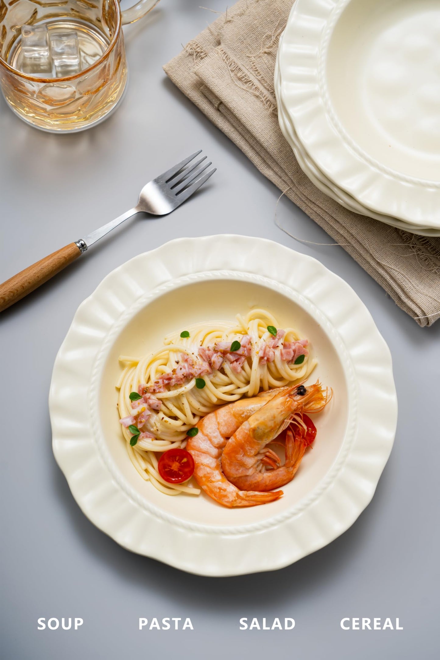 COIKZLY Ceramic Soup Bowls 8.6 in, Pasta Bowls & Plates, Cream color Floral-Embossed Wide Rim Shallow Bowls Set of 2, Italian Carving Design, Matte Finish Porcelain, Microwave & Dishwasher Safe