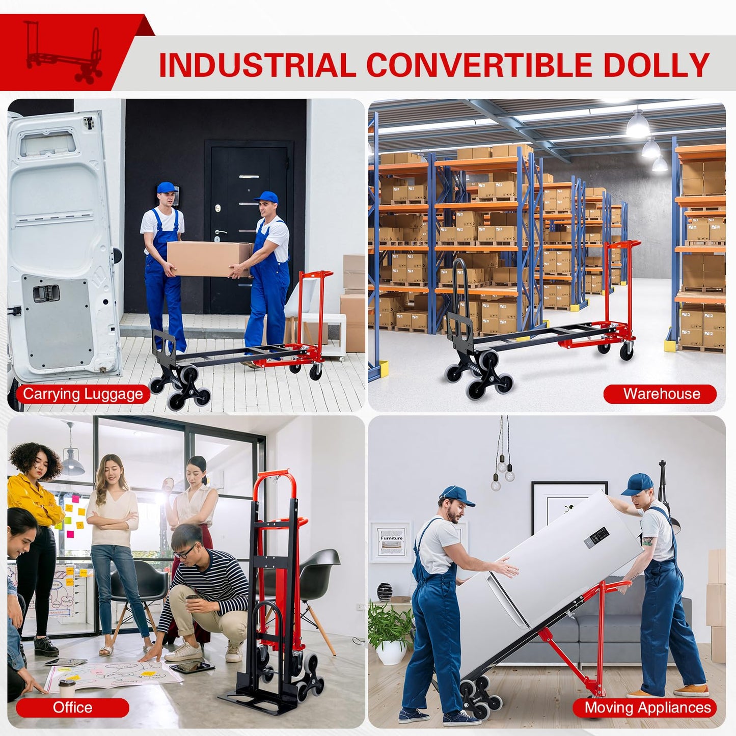SOUTHHELP 3 in 1 Industrial Convertible Hand Truck Dolly,1000 LBS Capacity Stair Dolly,Stair Climbing Hand Trucks Heavy Duty with Solid Wheels for Moving,Transport in Warehouses,Factory(Red)