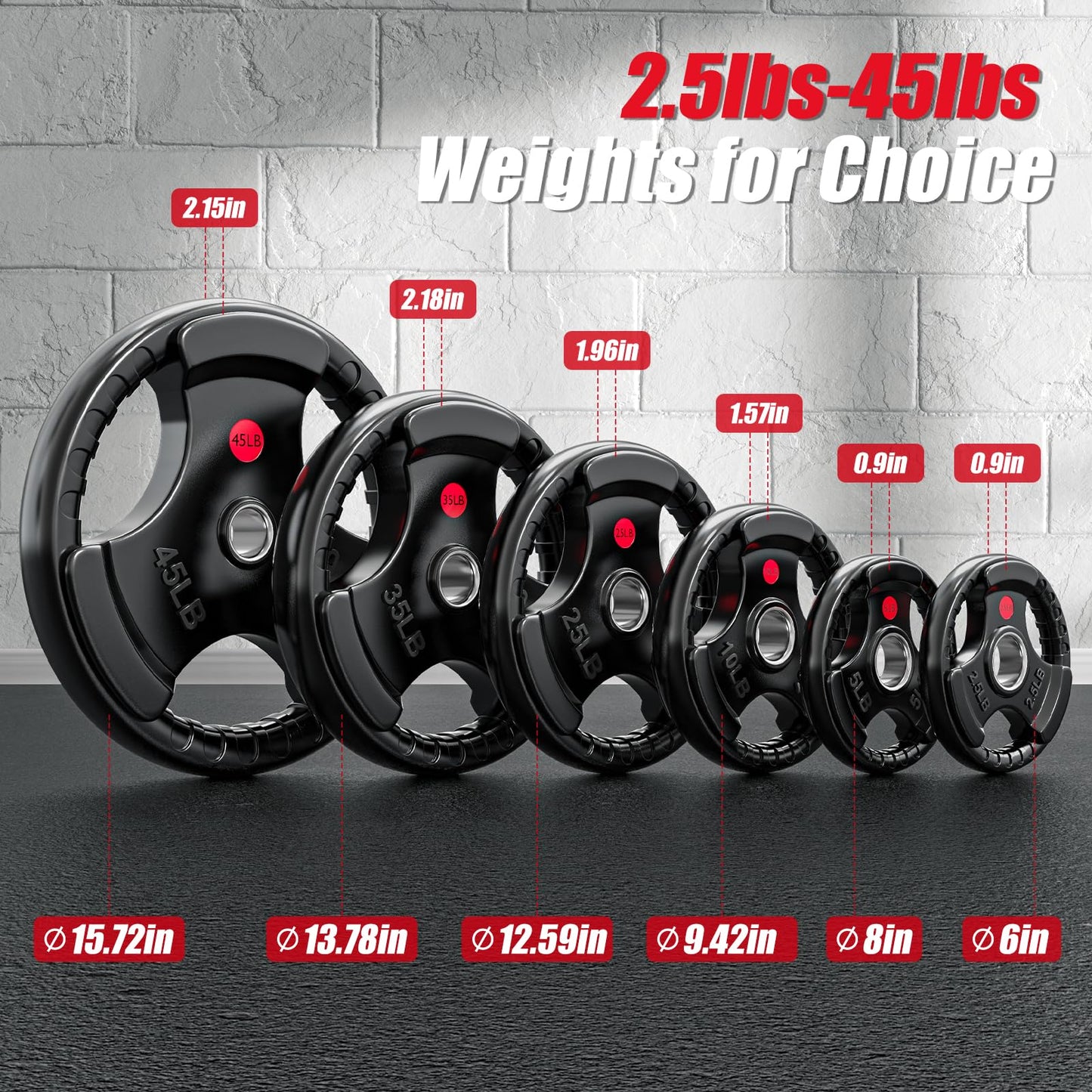 Gikpal Olympic Weight Plates, 2-Inch Three-Grip Rubber Coated Barbell Plates with Steel Hub, Cast Iron Weights for Strength Training & Home Gym, Pair or Sets (2.5–45LB)