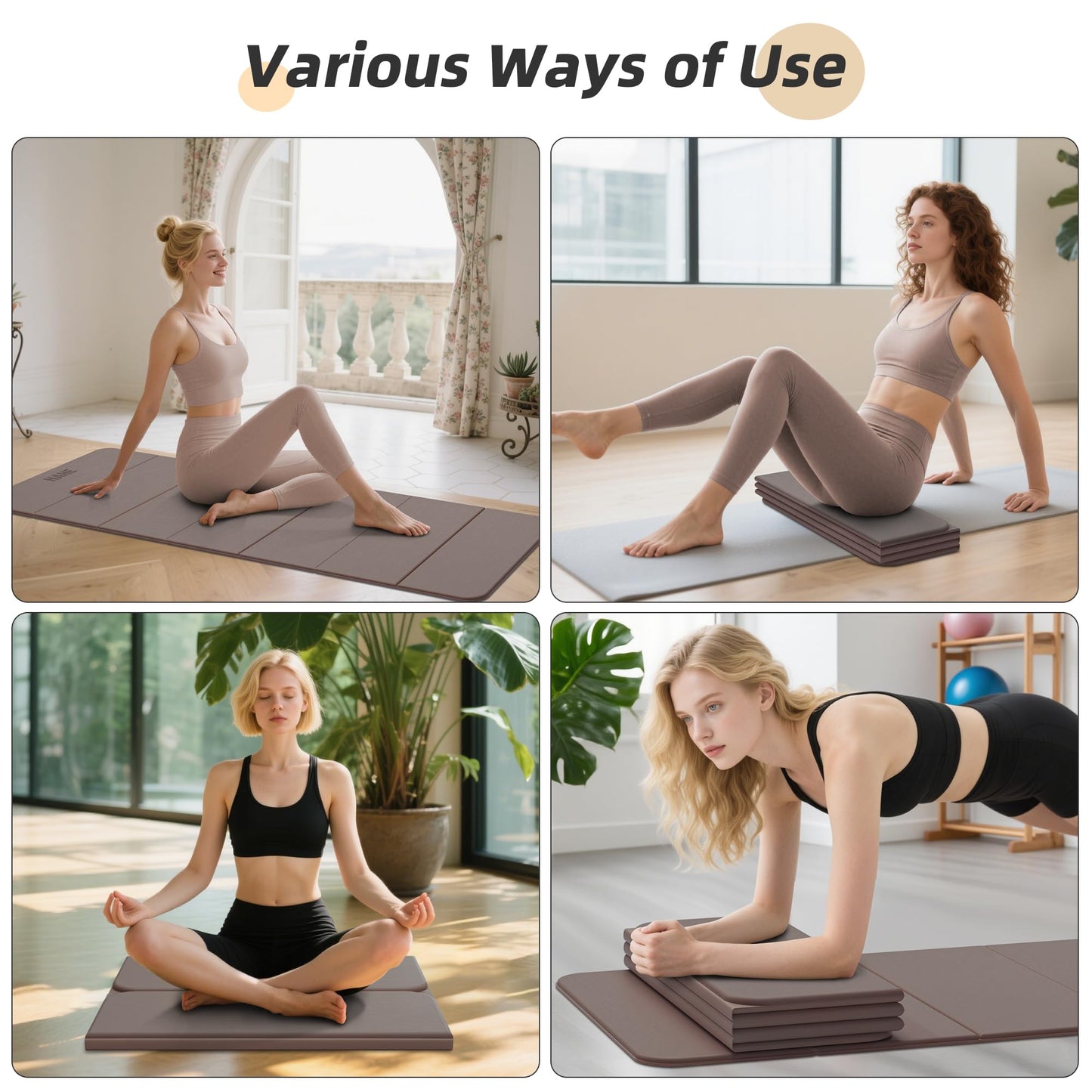 Foldable Yoga Mat,74"Lx32"Wx1/3"Thick,Folding Exercise Mat,Non-slip Wide Pilates Mats for Home Workout/Travel, Portable Yoga Mat Thick for Yoga/Pilates/Camping/Floor Exercises (Brown)