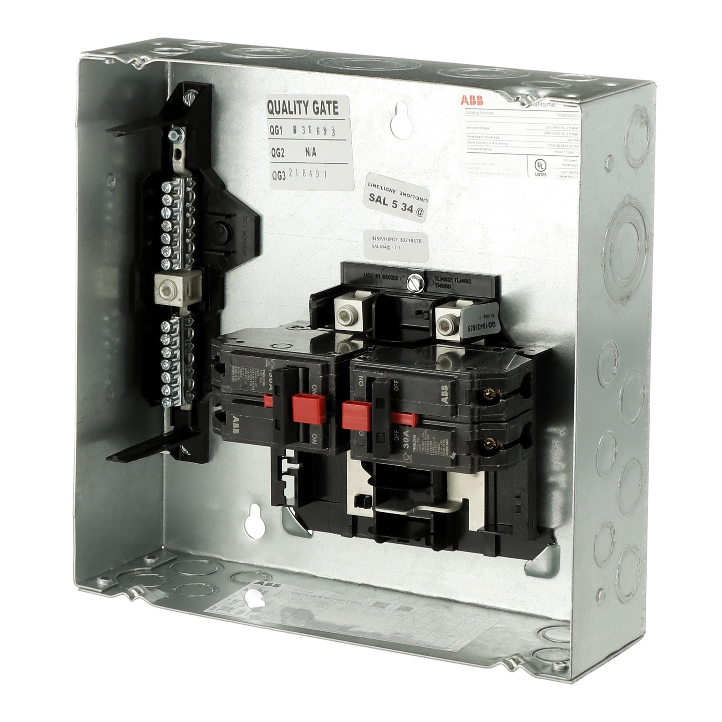 ABB TMQ830SCUGEN 30A Dual Main Generator Panel • 8-Space, 300A Copper Bus • 1-Phase, 120/240V AC, 22 kAIC • Indoor NEMA 1 Surface Enclosure • Manual Transfer Switch • Backup Power Panel