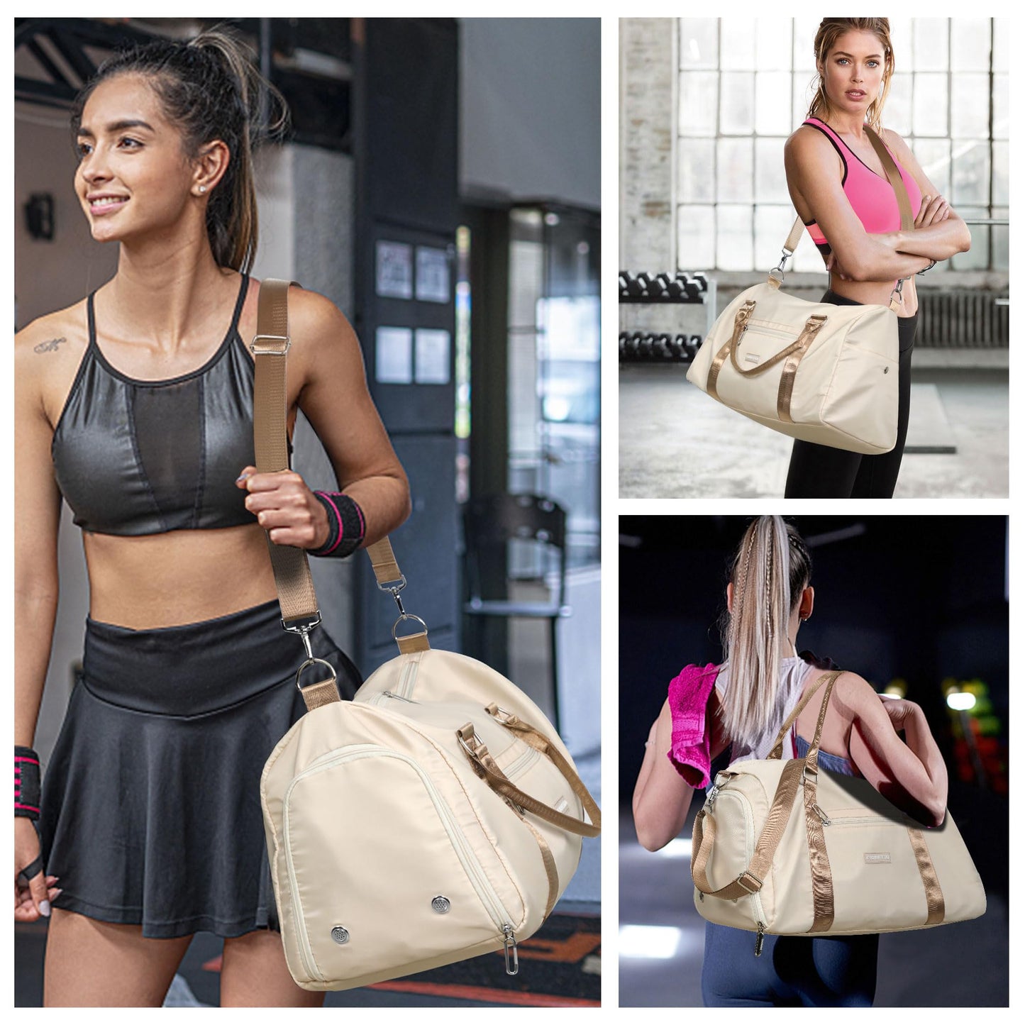 FIORETTO Womens Gym Tote Duffle Bag with Wet Pocket & Shoe Compartment, Sports Duffel Overnight Weekender Hospital Workout Carry on Bag for Girls, Ideal for Travel, Swimming, Dance, Ballet Beige
