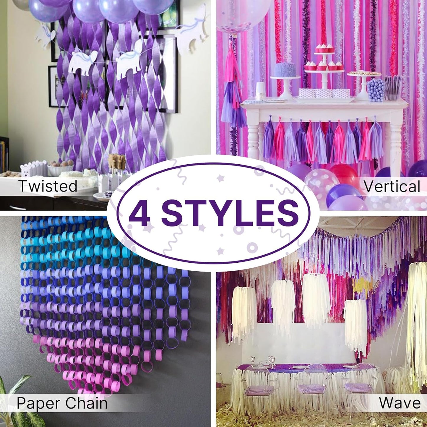 PartyWoo Purple Crepe Paper Streamers - 4 Pack of 328ft Dark Purple for Birthday & Baby Shower Decor