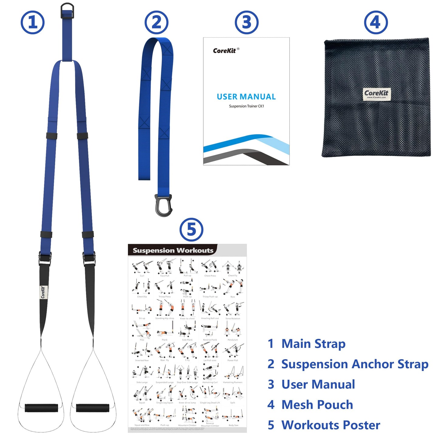 CoreKit Bodyweight Straps for Home Workouts, Full-Body Resistance Training Kit for Strength, Powerlifting, and Core Exercise (Blue)
