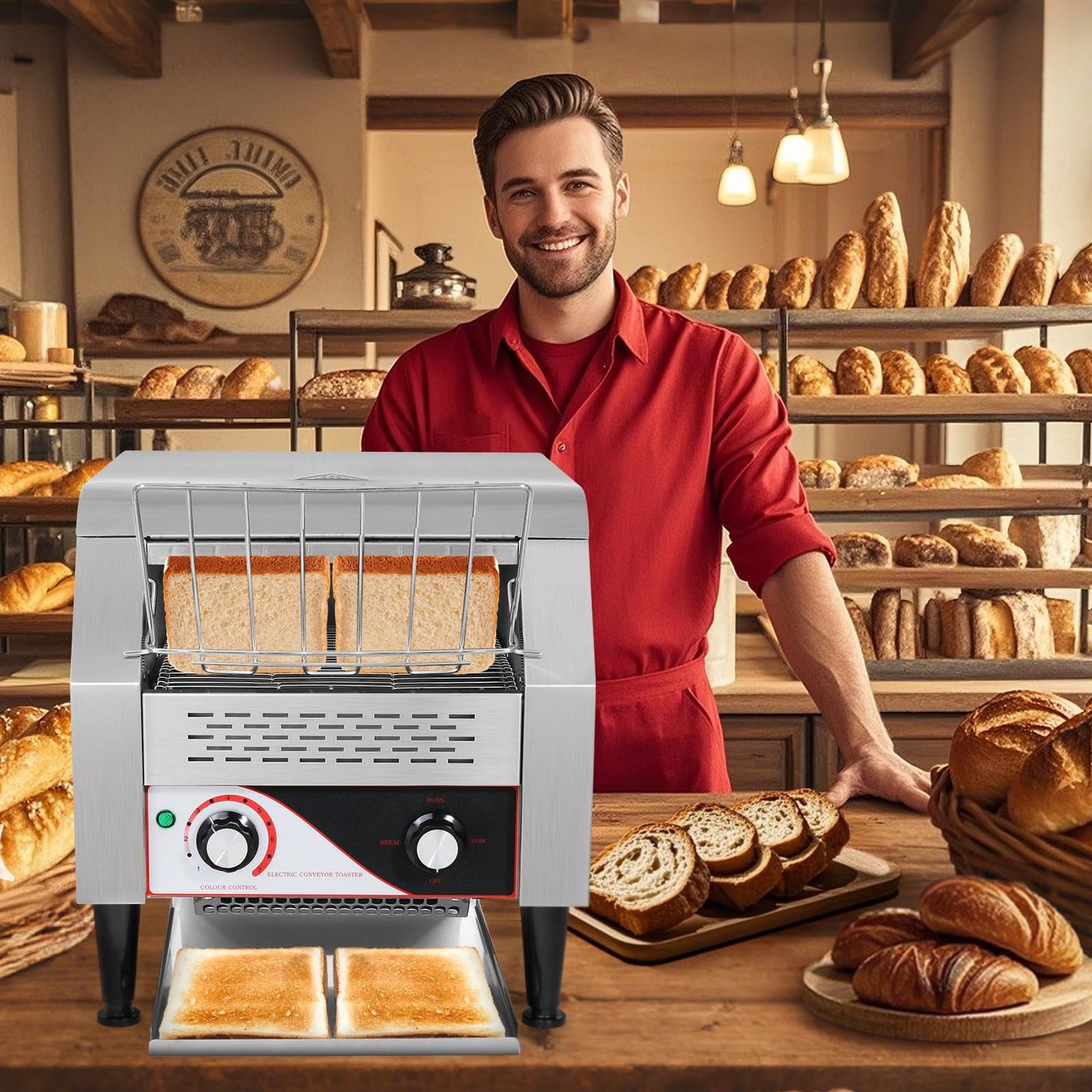 Dyna-Living Commercial Toaster 300 Slices/Hour Conveyor Toaster Commercial 1900W Heavy-duty Stainless Steel Rotating Toasters Oven for Restaurant, Conveyor Belt Toasters for Bun, Bagel, Bread