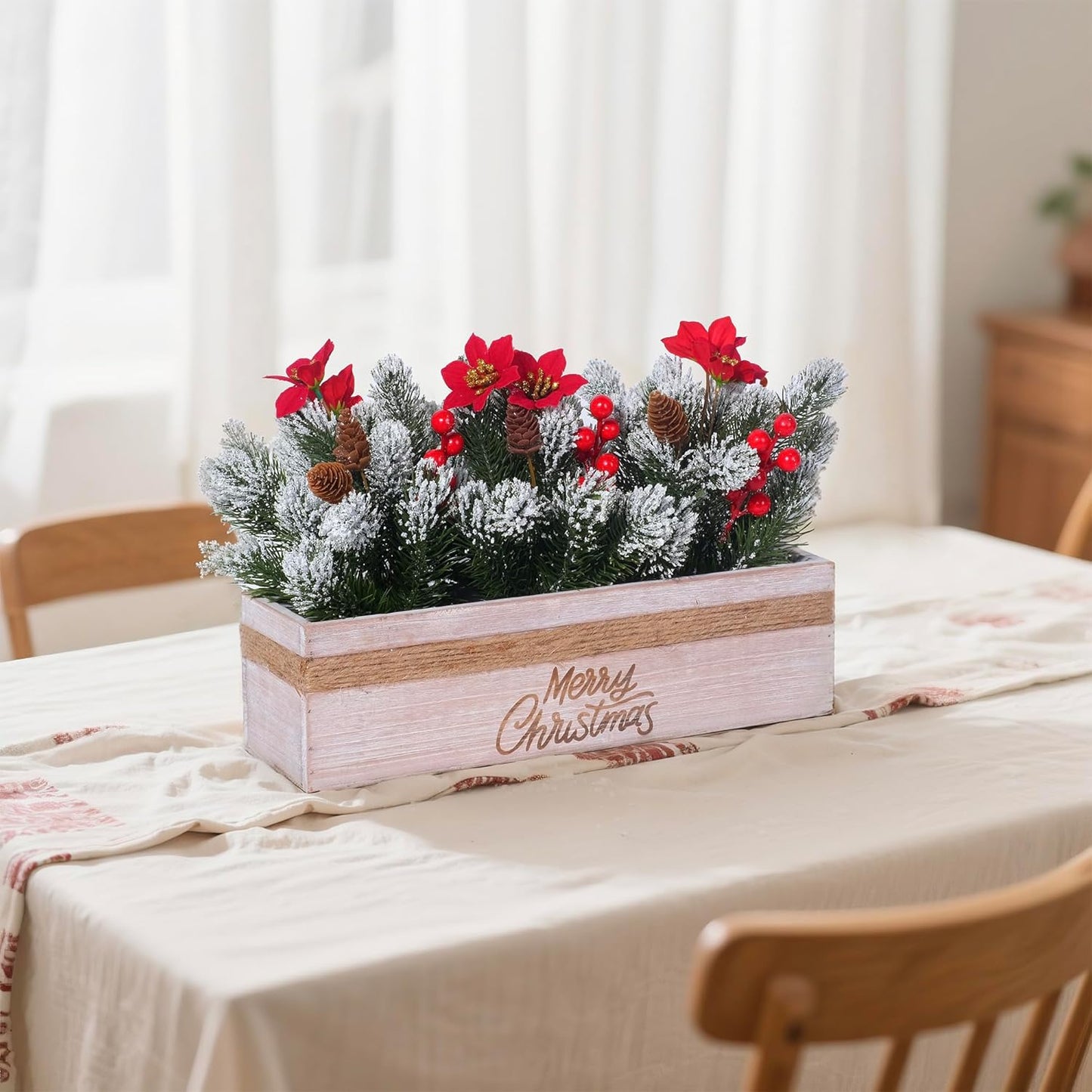 SVENJBB Christmas Table Centerpiece - Red Poinsettias & Snowy Norfolk Pine in Wooden Box | Festive Holiday Decor