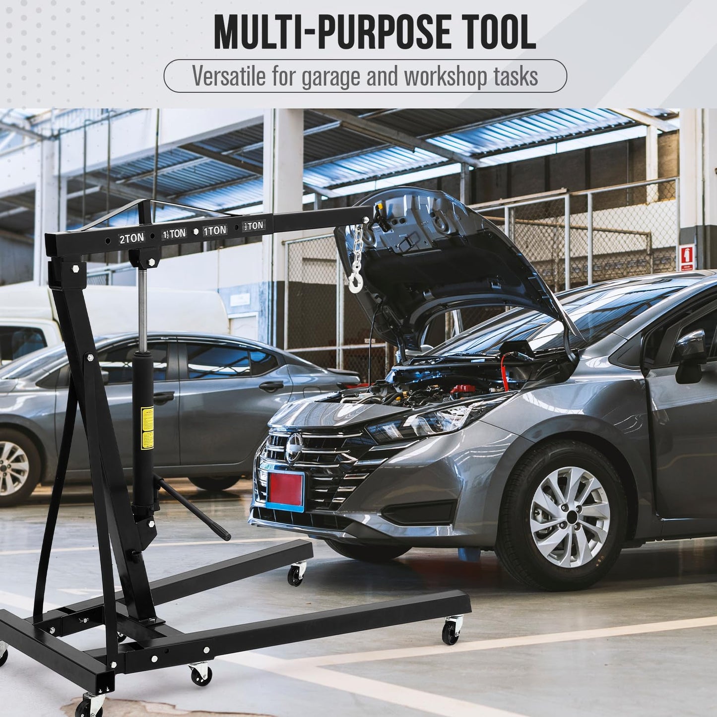 2 Ton Folding Engine Crane, 4400 Lbs Hydraulic Cherry Picker, Engine Hoist with 6 Casters and Telescopic Boom for Garage, Workshop and Warehouse Lifting, Heavy-Duty, Black