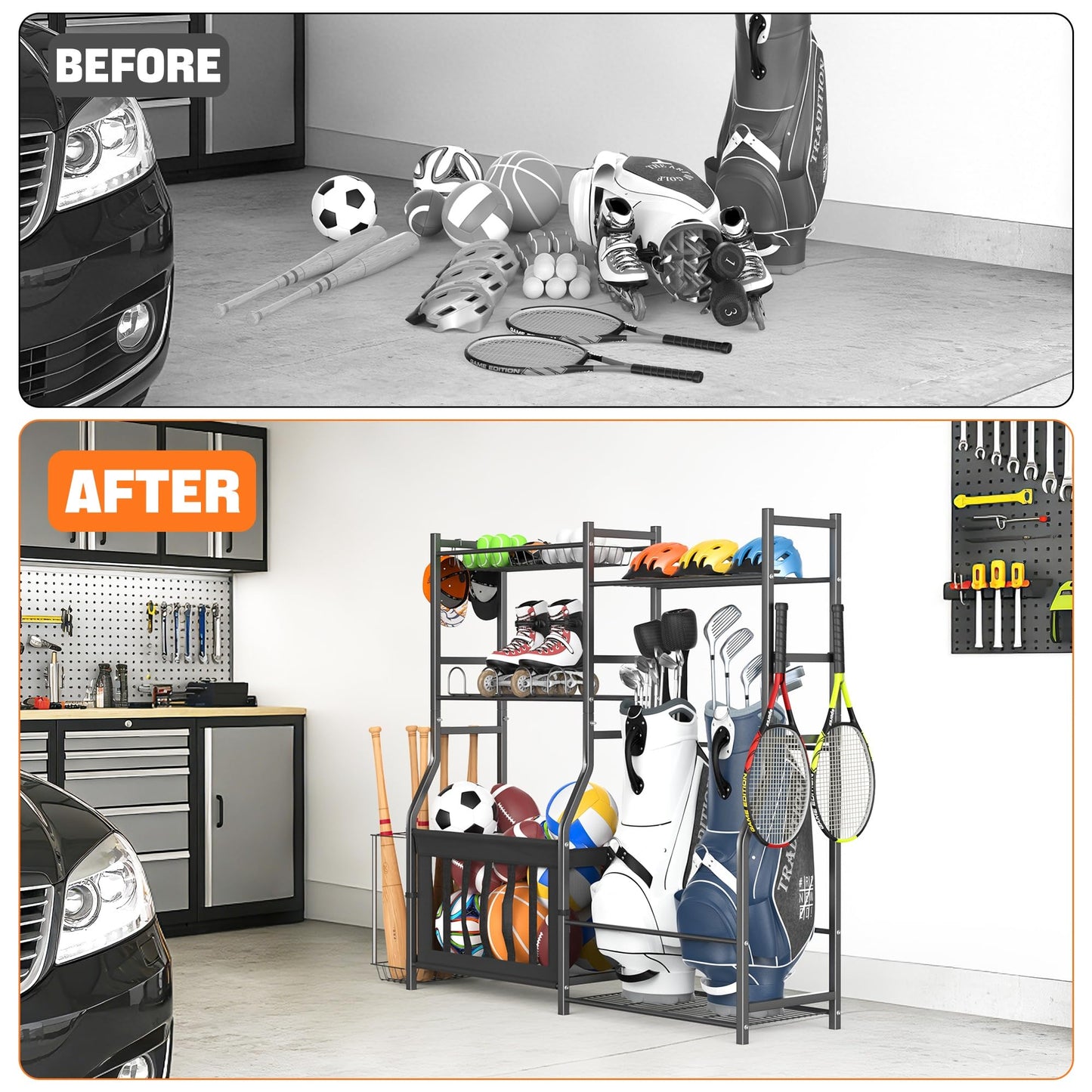 TORACK Golf Bags Stand with Ball Storage, Large Capacity Garage Sports Equipment Organizer, Indoor Toys Storage