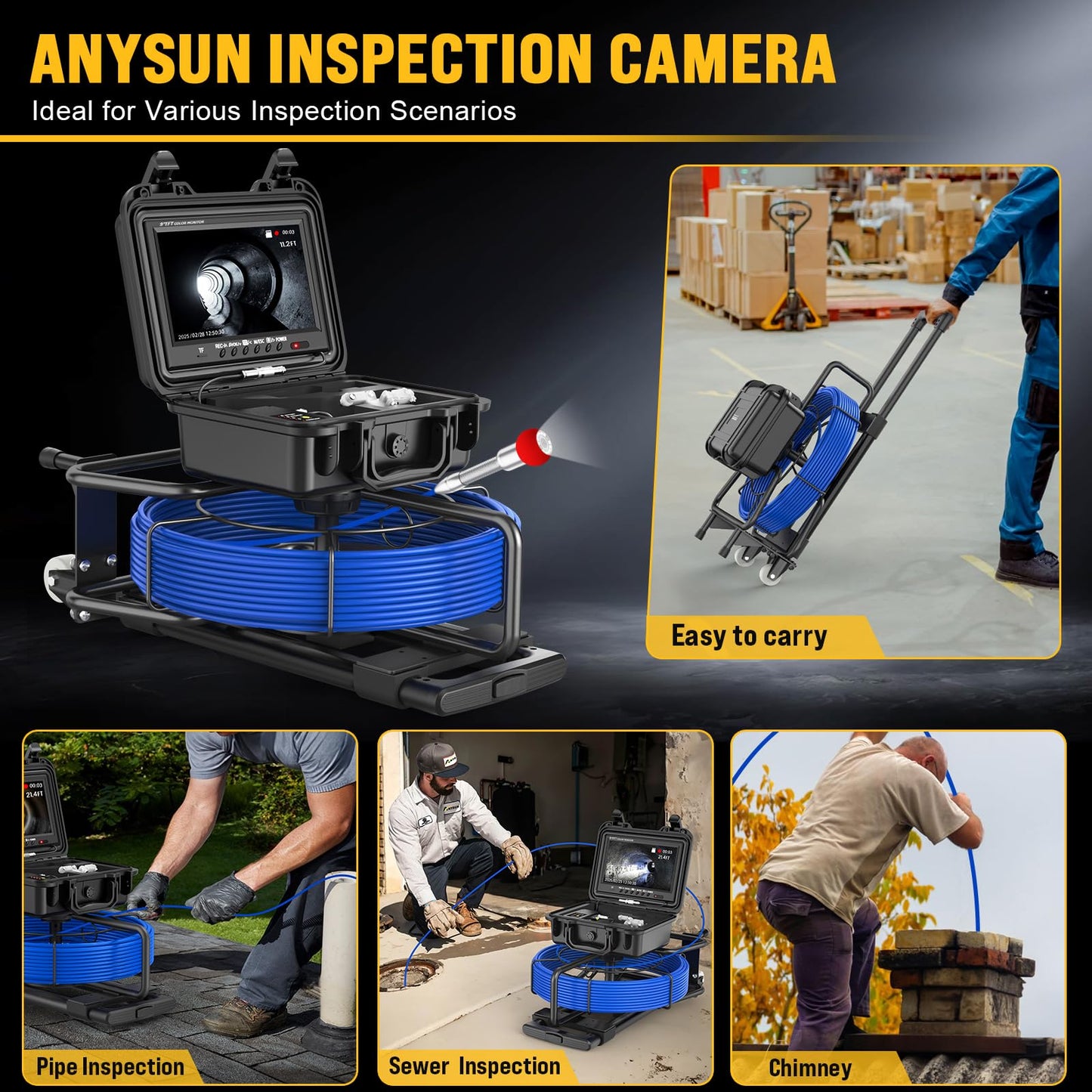 Anysun Sewer Camera with 512hz Sonde 150ft, Self Leveling Sewer Inspection Camera with Distance Counter, 7MM Diameter Cable with Trolley and Wheels, 9" HD Monitor with DVR Drain Pipe Camera(32GB Card)