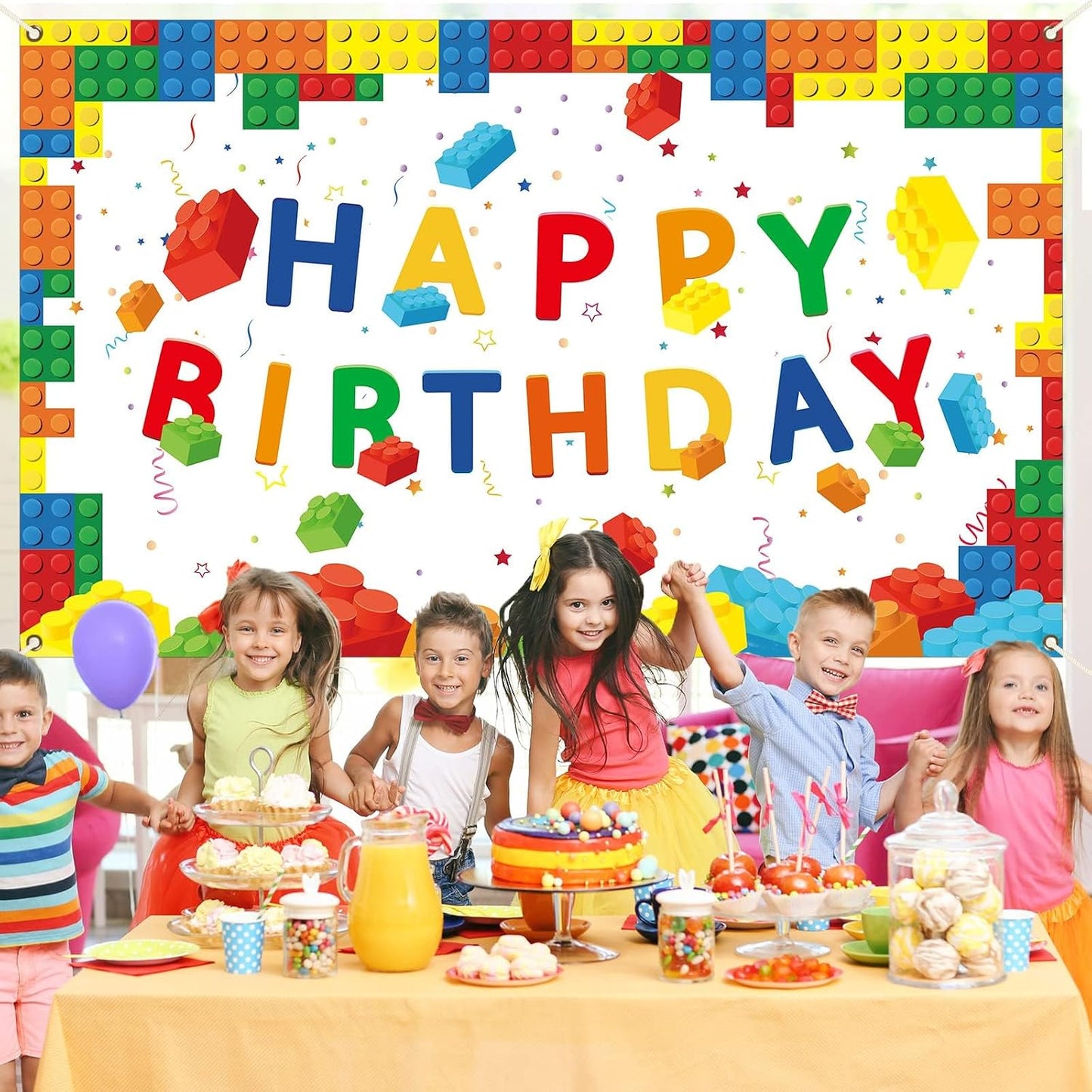 chiazllta 71 43 Building Blocks Happy Birthday Banner Colorful Blocks Birthday Party Decorations Backdrop Photography