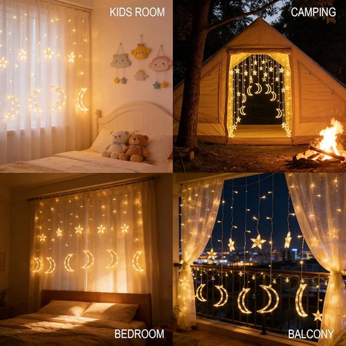 Dazzle Bright Ramadan Curtain String Lights - 138 LED Warm White Star & Moon Design | 8.2 FT Waterproof with Timer & 8 Modes