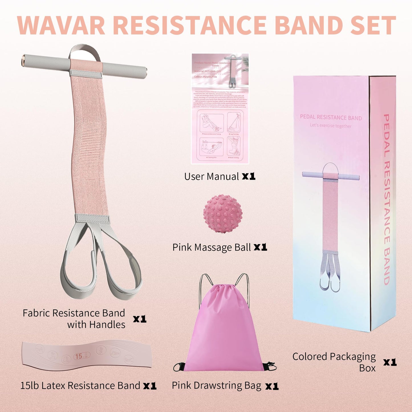 Fabric Resistance Band with Handles Non-Slip Foot Pedal Puller for Women 120lb Full-Body Fitness Band for Strength Muscle Training Workout Equipment for Chest Glutes Leg Arm Core Wrist Ankle